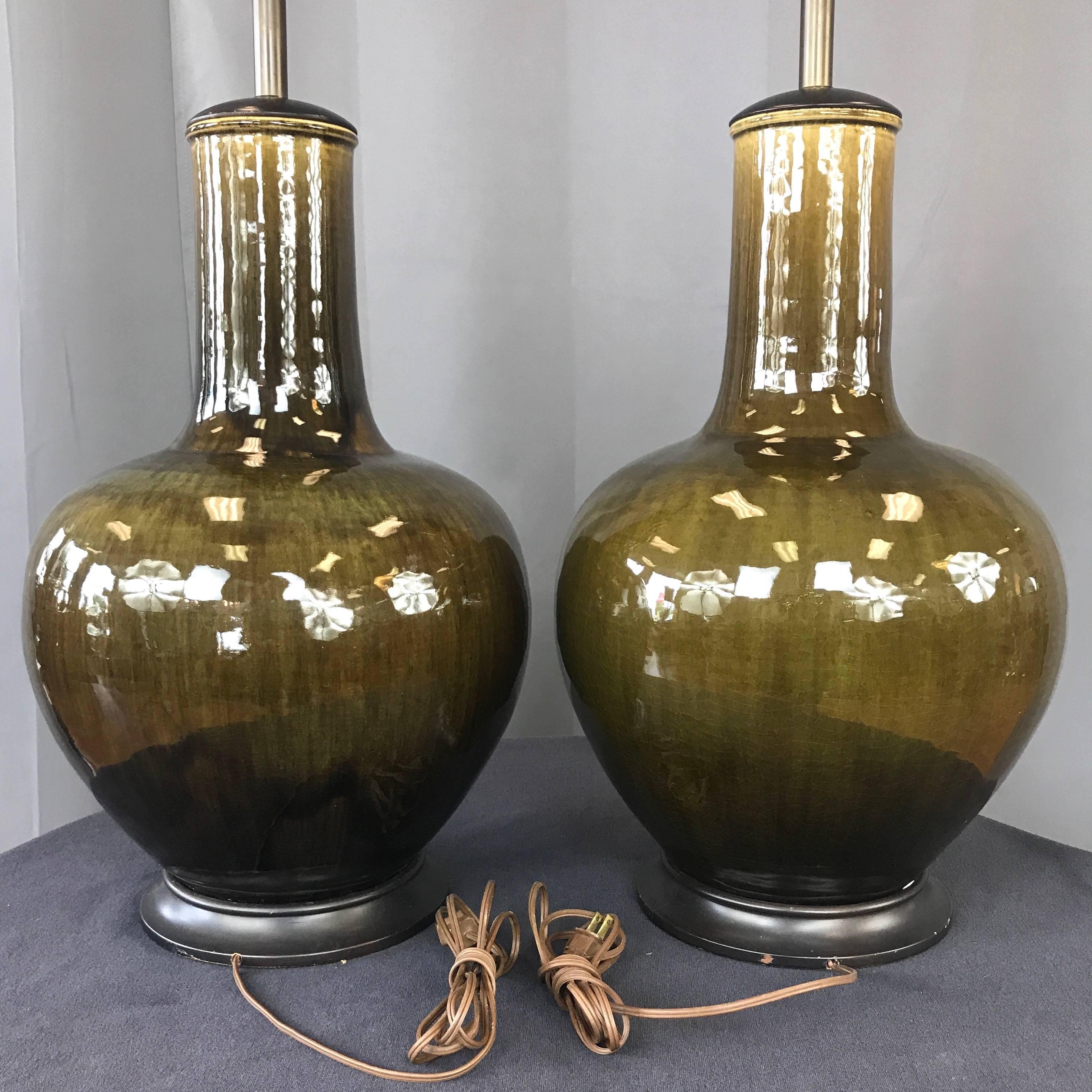 Pair of Thai Celadon Monumental Glazed Ceramic Table Lamps 4