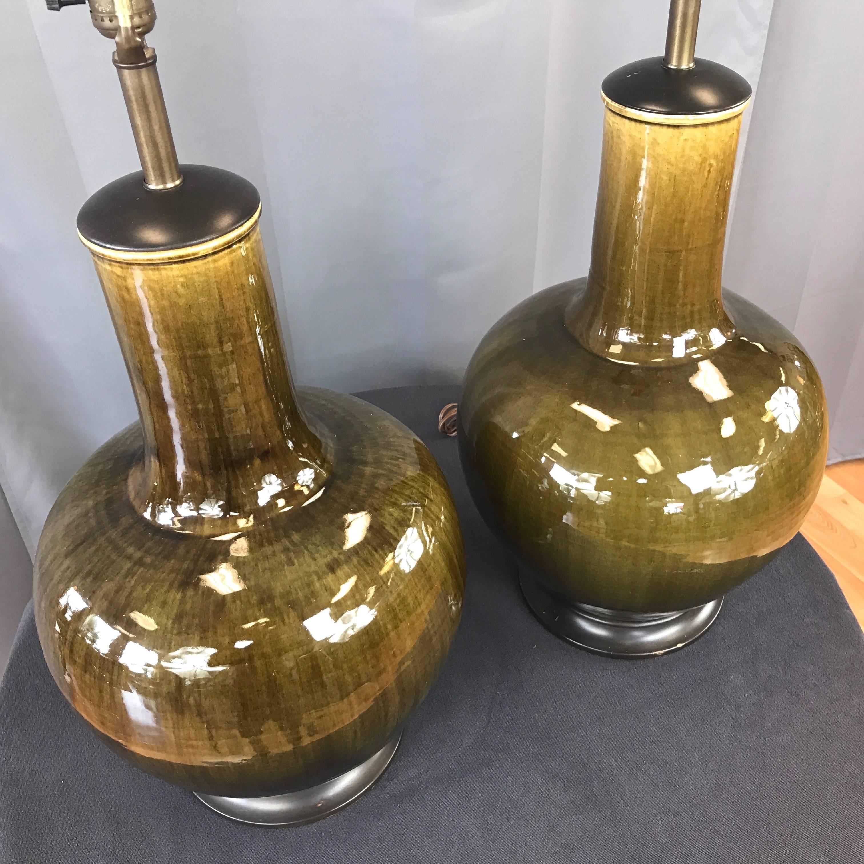 Mid-Century Modern Pair of Thai Celadon Monumental Glazed Ceramic Table Lamps