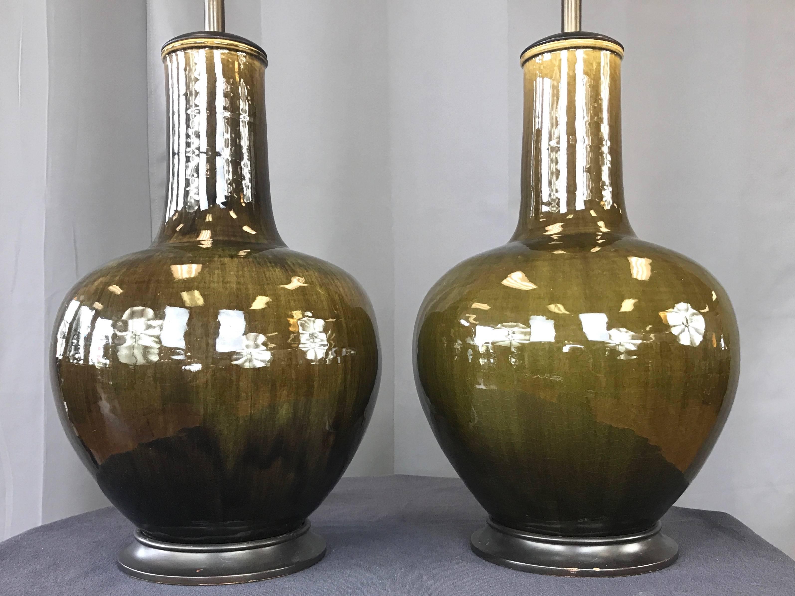 Mid-20th Century Pair of Thai Celadon Monumental Glazed Ceramic Table Lamps