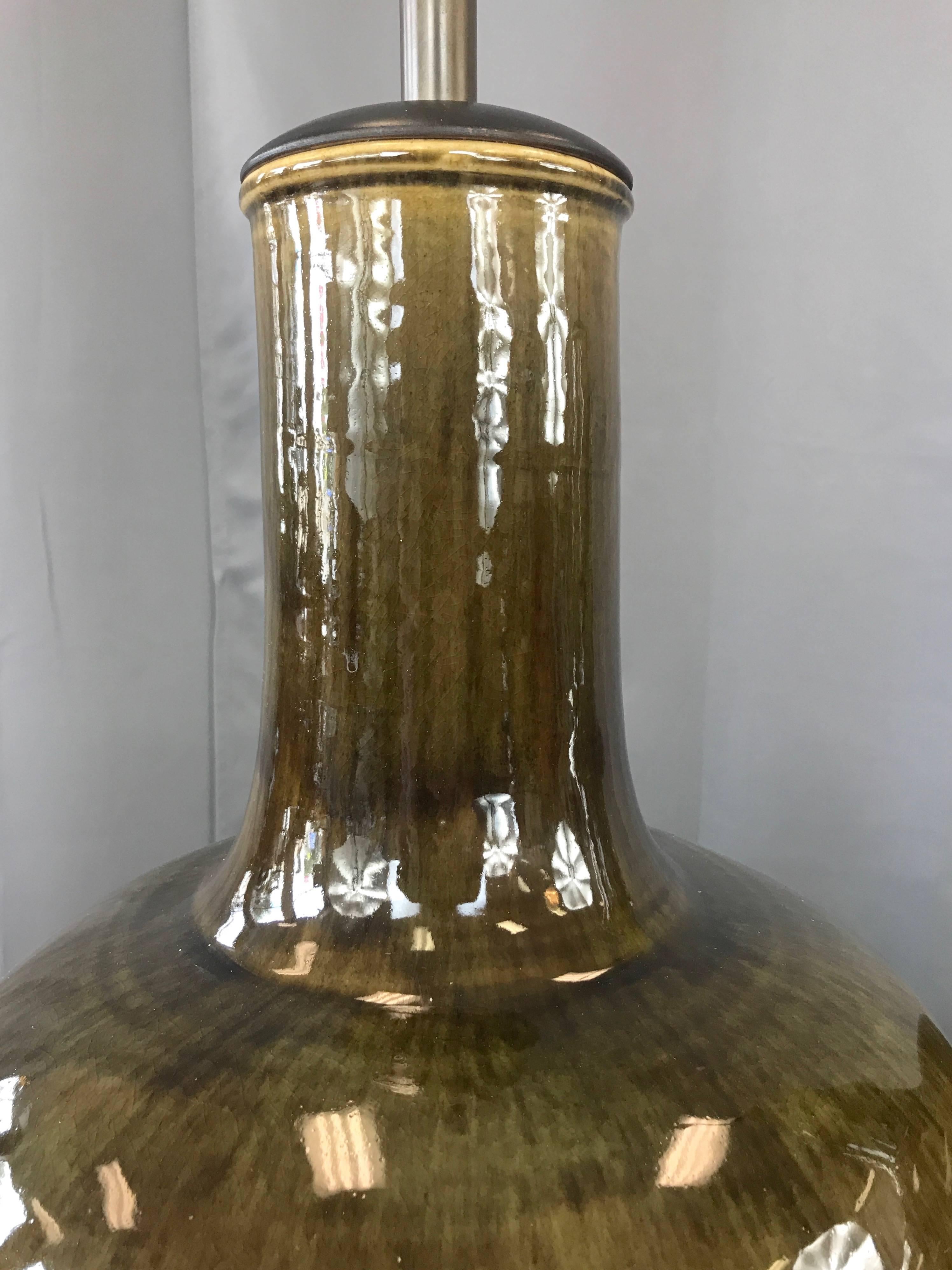 Brass Pair of Thai Celadon Monumental Glazed Ceramic Table Lamps