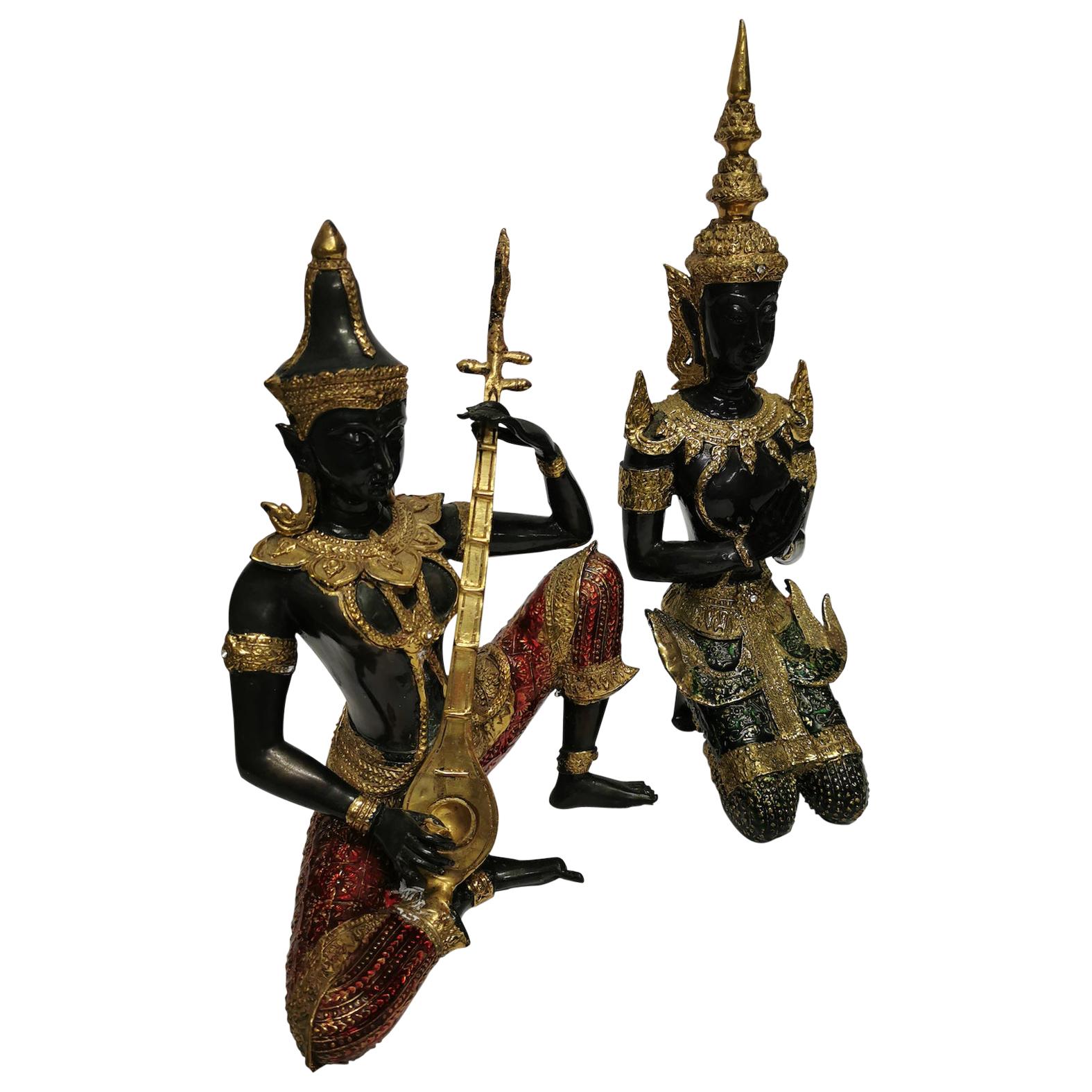 Pair of Thai Enameled Brass Figures For Sale