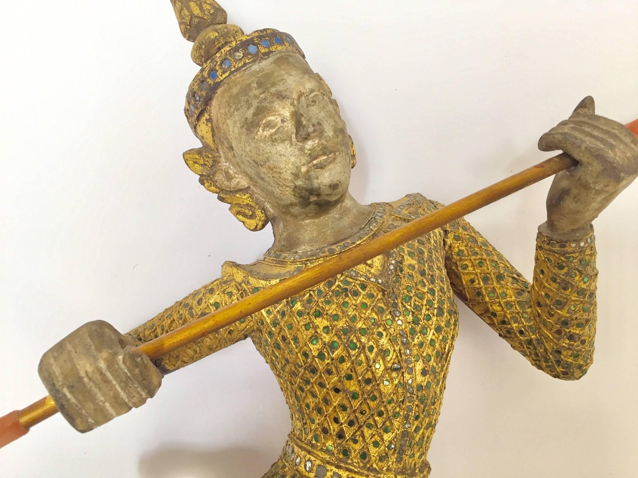Hand-Carved Pair of Thai Gilt Wood Figures of Siamese Dancers 