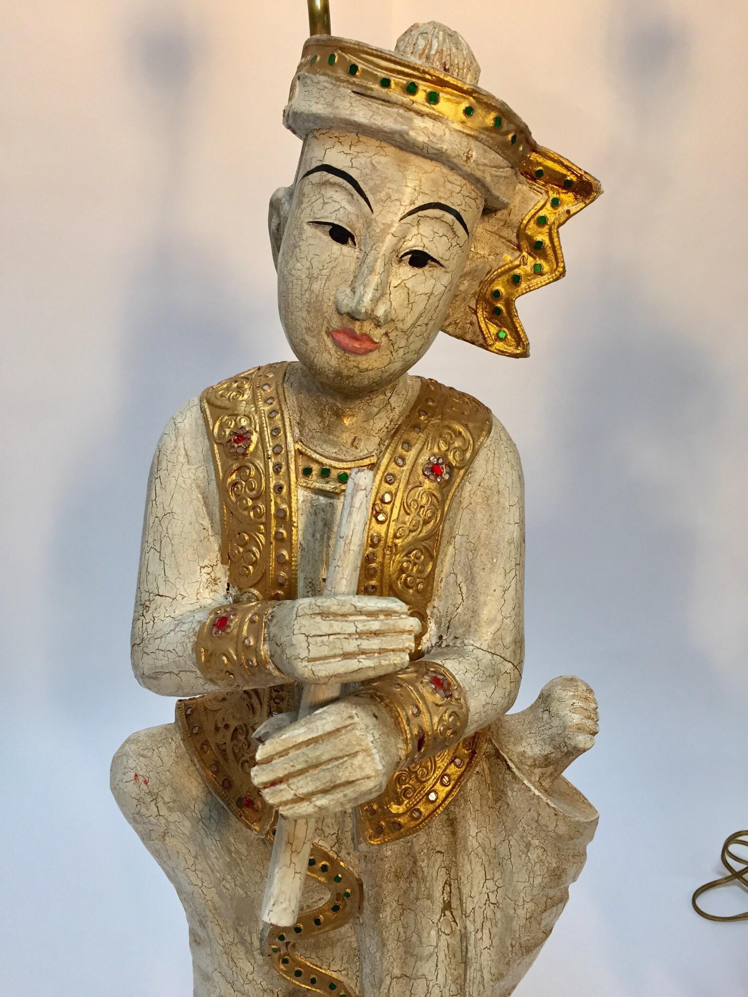 Pair of Asian Figures of Burmese Musicians Turned into Table Lamps For Sale 2