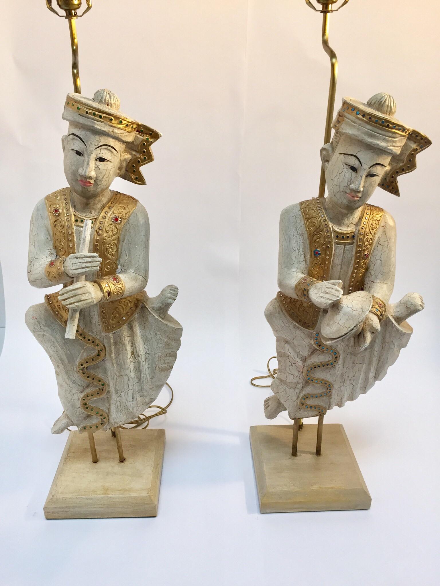 Arts and Crafts Pair of Asian Figures of Burmese Musicians Turned into Table Lamps For Sale