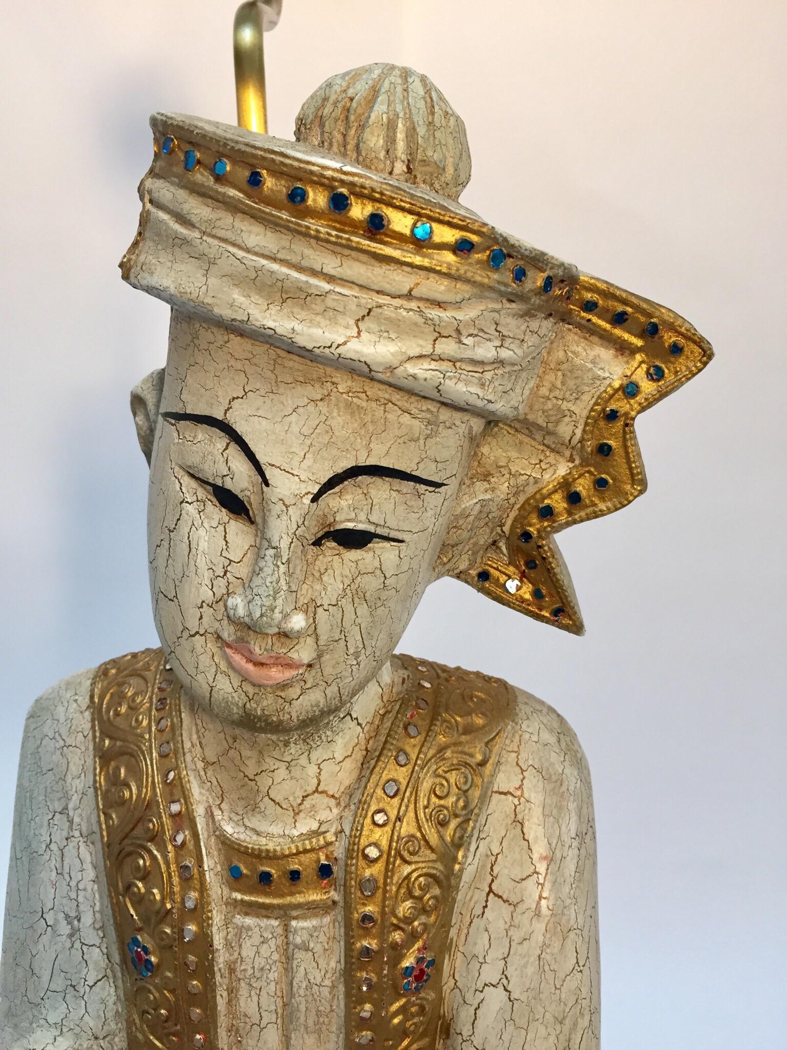 Wood Pair of Asian Figures of Burmese Musicians Turned into Table Lamps For Sale
