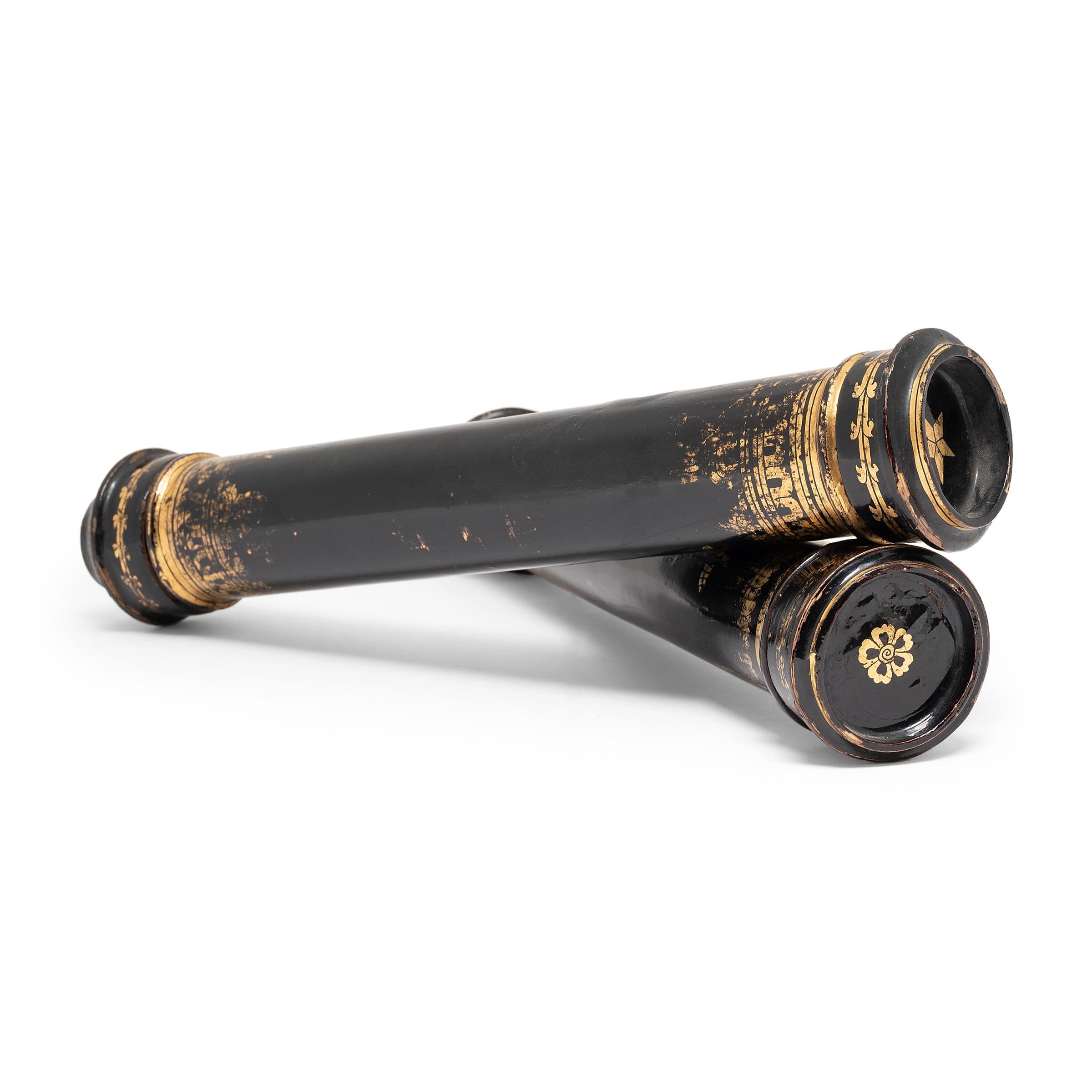20th Century Pair of Thai Gilt Black Lacquer Scroll Cases, c. 1900 For Sale