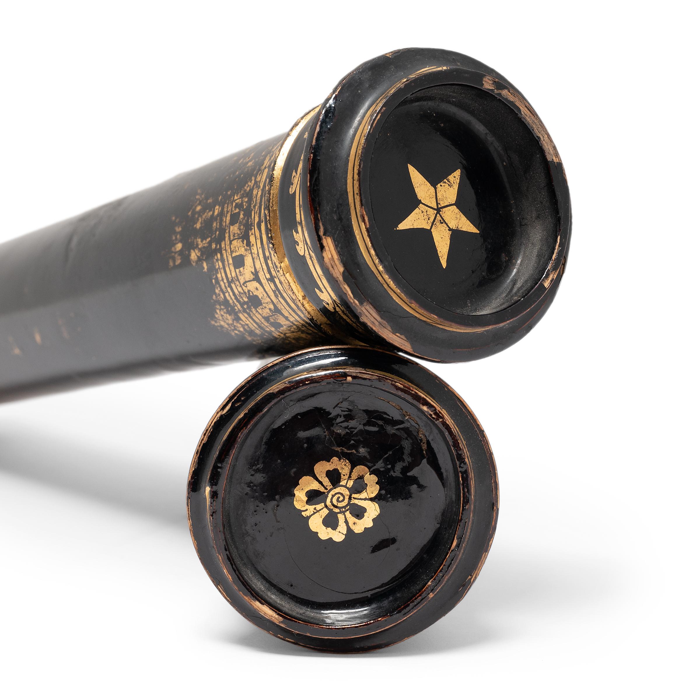 Bamboo Pair of Thai Gilt Black Lacquer Scroll Cases, c. 1900 For Sale