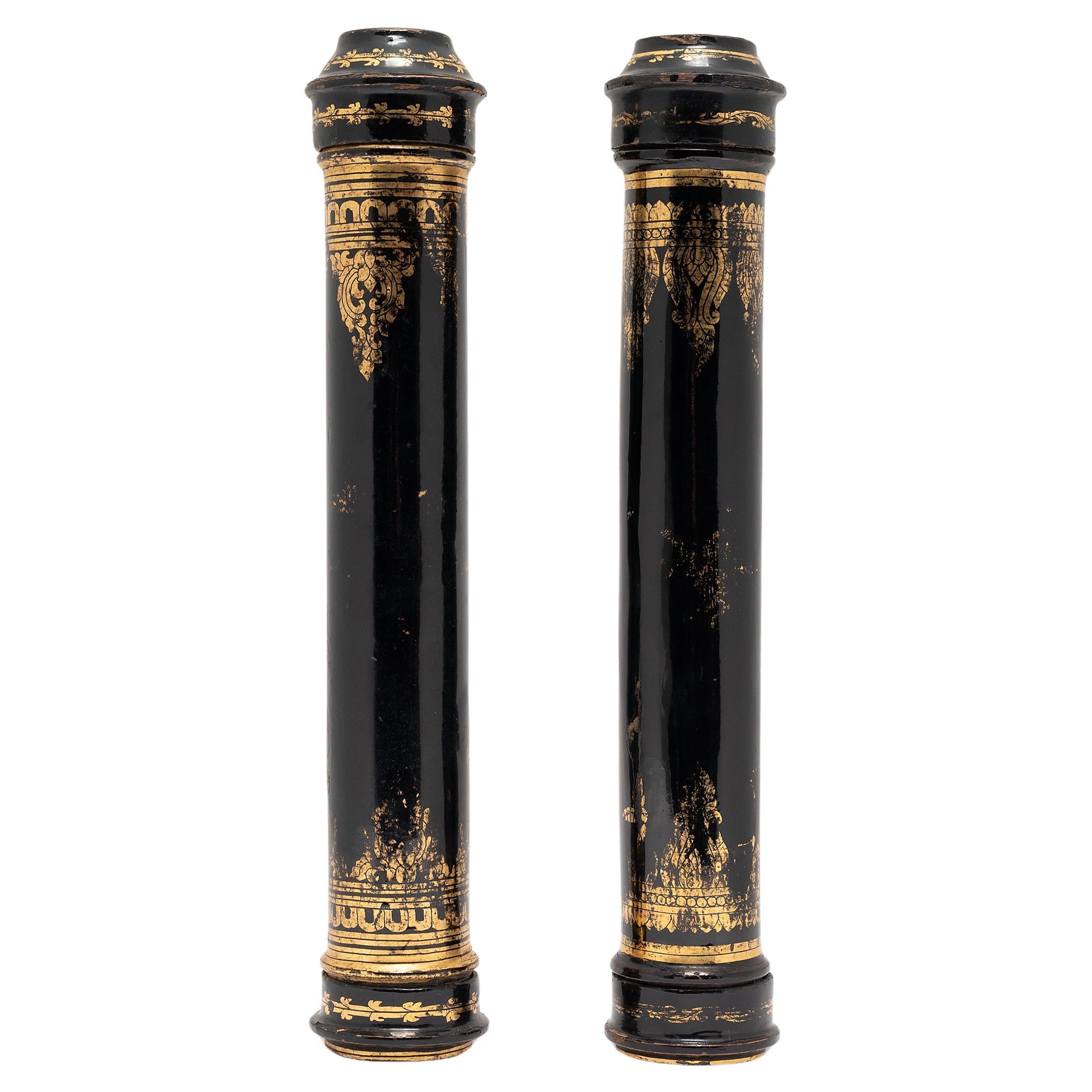 Pair of Thai Gilt Black Lacquer Scroll Cases, c. 1900 For Sale