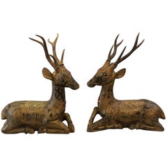 Vintage Pair of Thai Hand Carved and Giltwood Deers