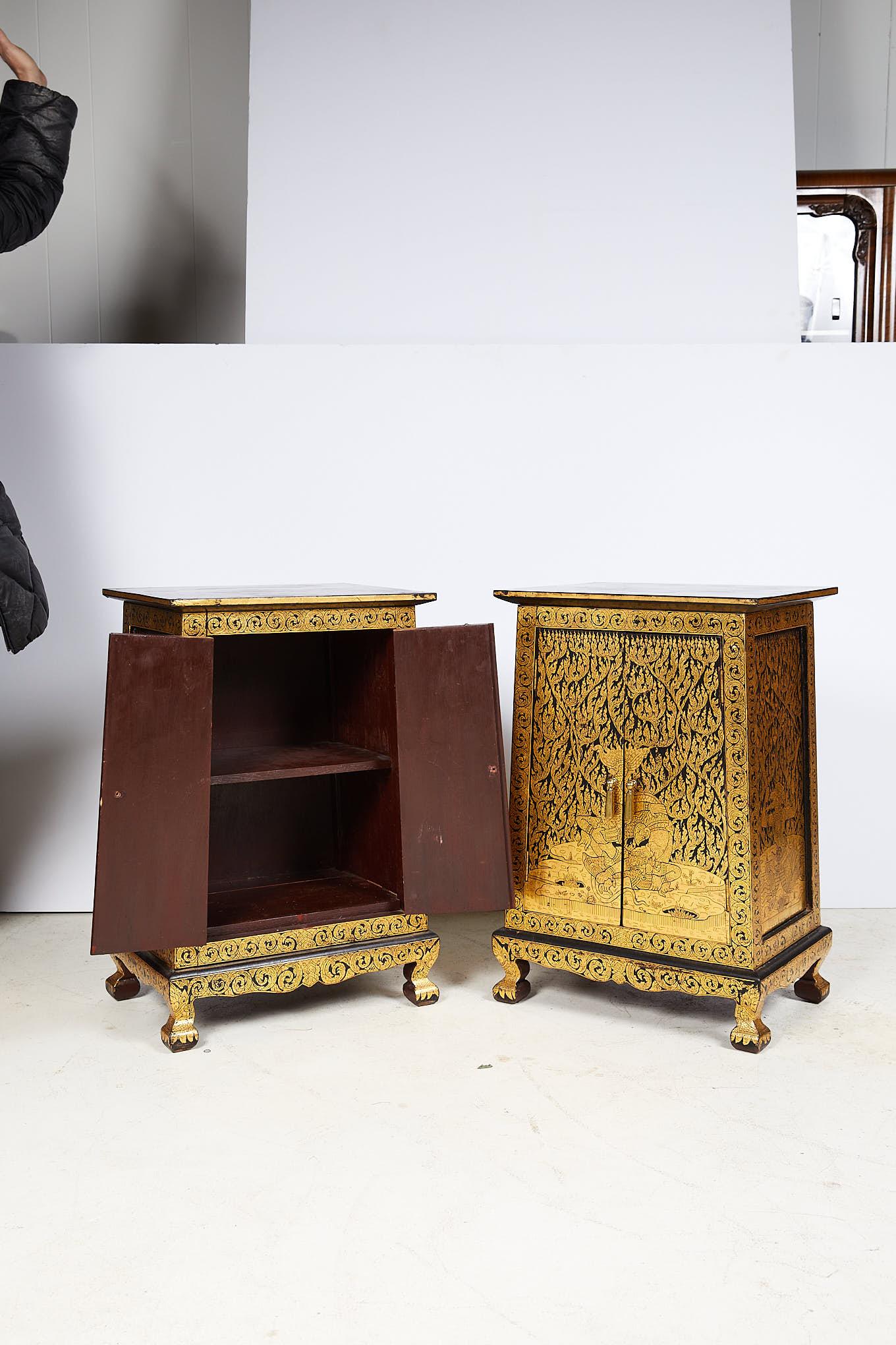 Chinoiserie Pair of Thai Manuscript Cabinets of Lacquer and Gold Leaf, 20th Century