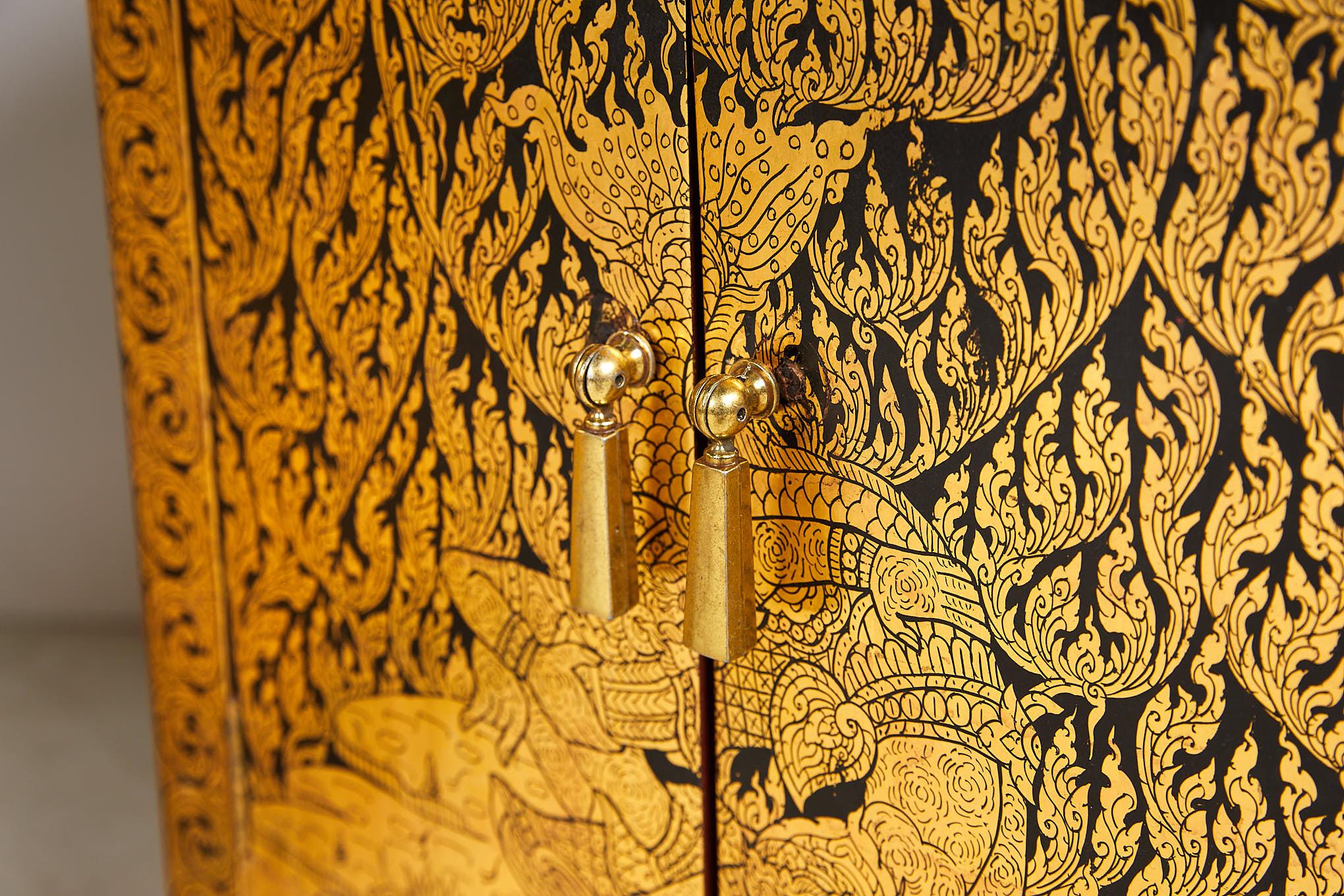 Brass Pair of Thai Manuscript Cabinets of Lacquer and Gold Leaf, 20th Century