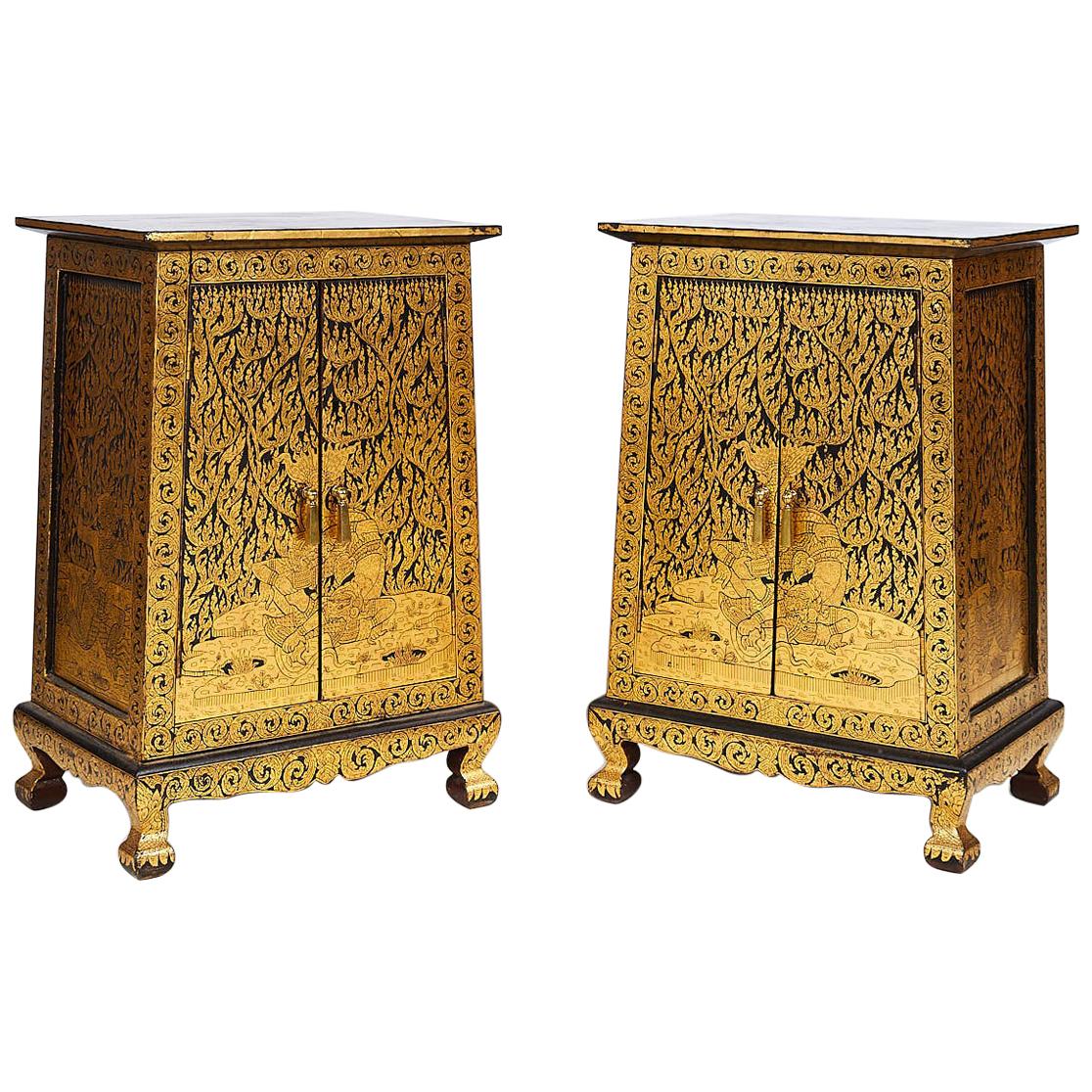 Pair of Thai Manuscript Cabinets of Lacquer and Gold Leaf, 20th Century