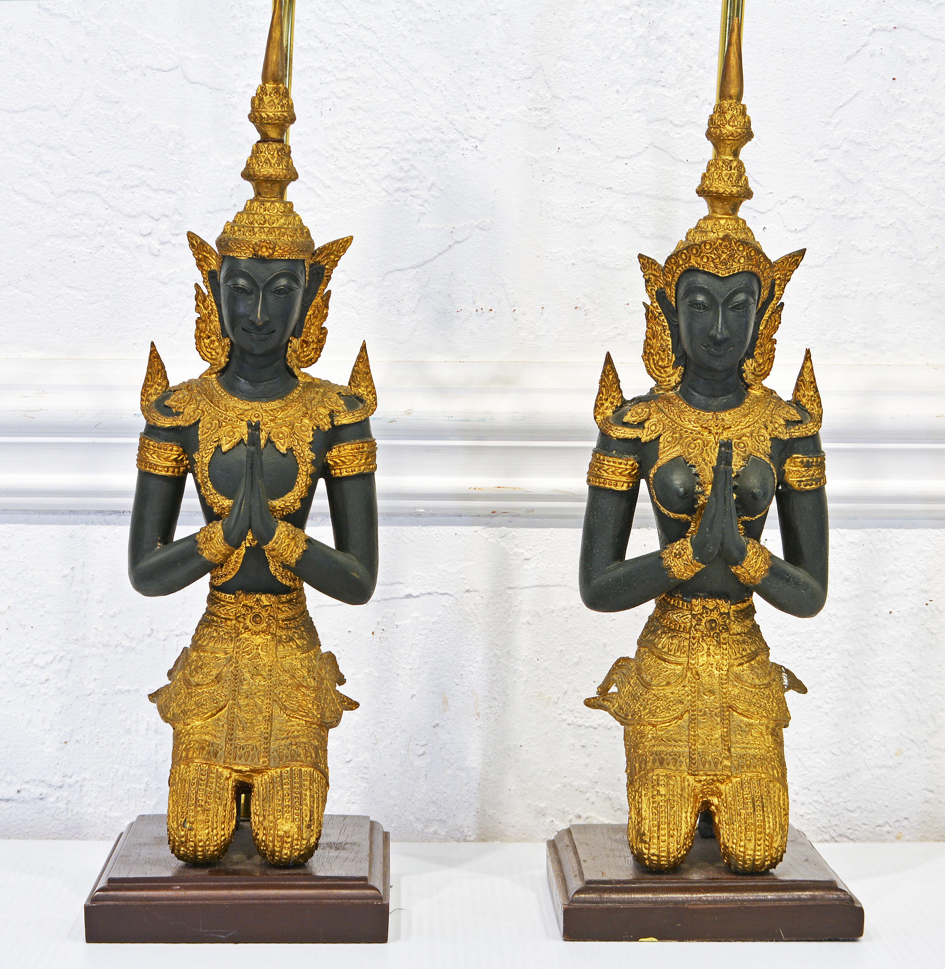 Pair of Thai Patinated and Gilt Bronze Male and Female Tempel Guards as Lamps 6