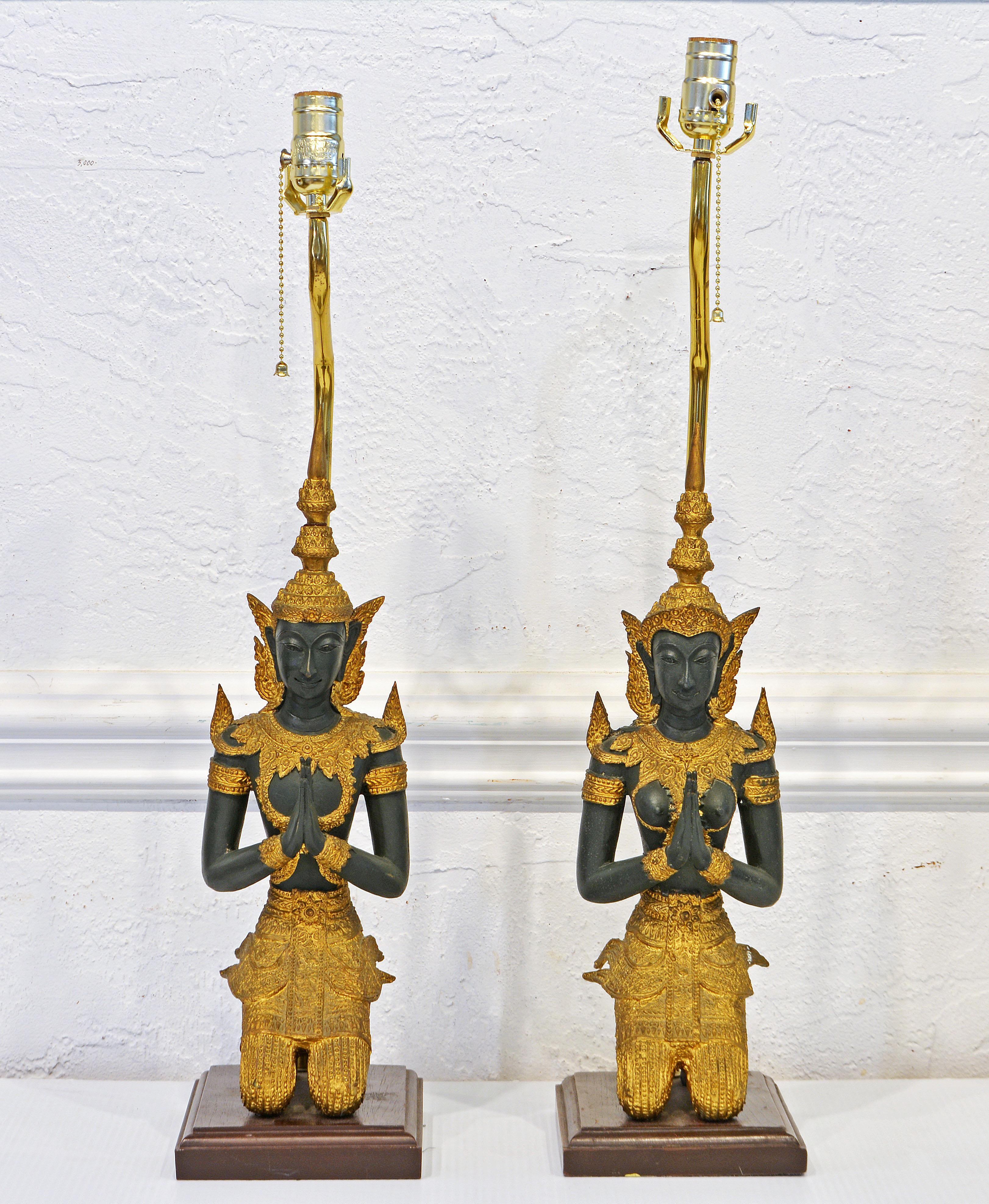 Pair of Thai Patinated and Gilt Bronze Male and Female Tempel Guards as Lamps 7