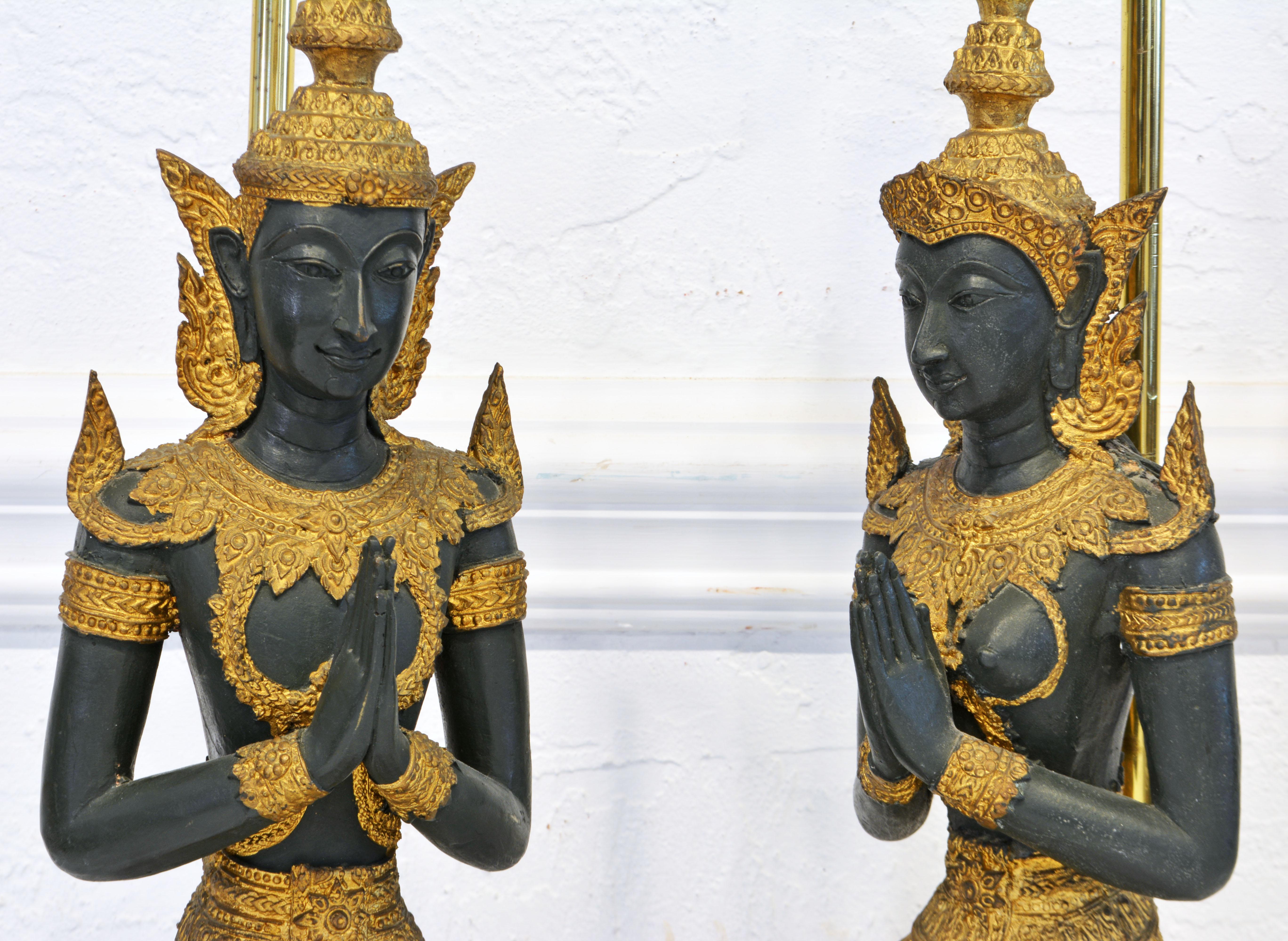 Pair of Thai Patinated and Gilt Bronze Male and Female Tempel Guards as Lamps In Good Condition In Ft. Lauderdale, FL
