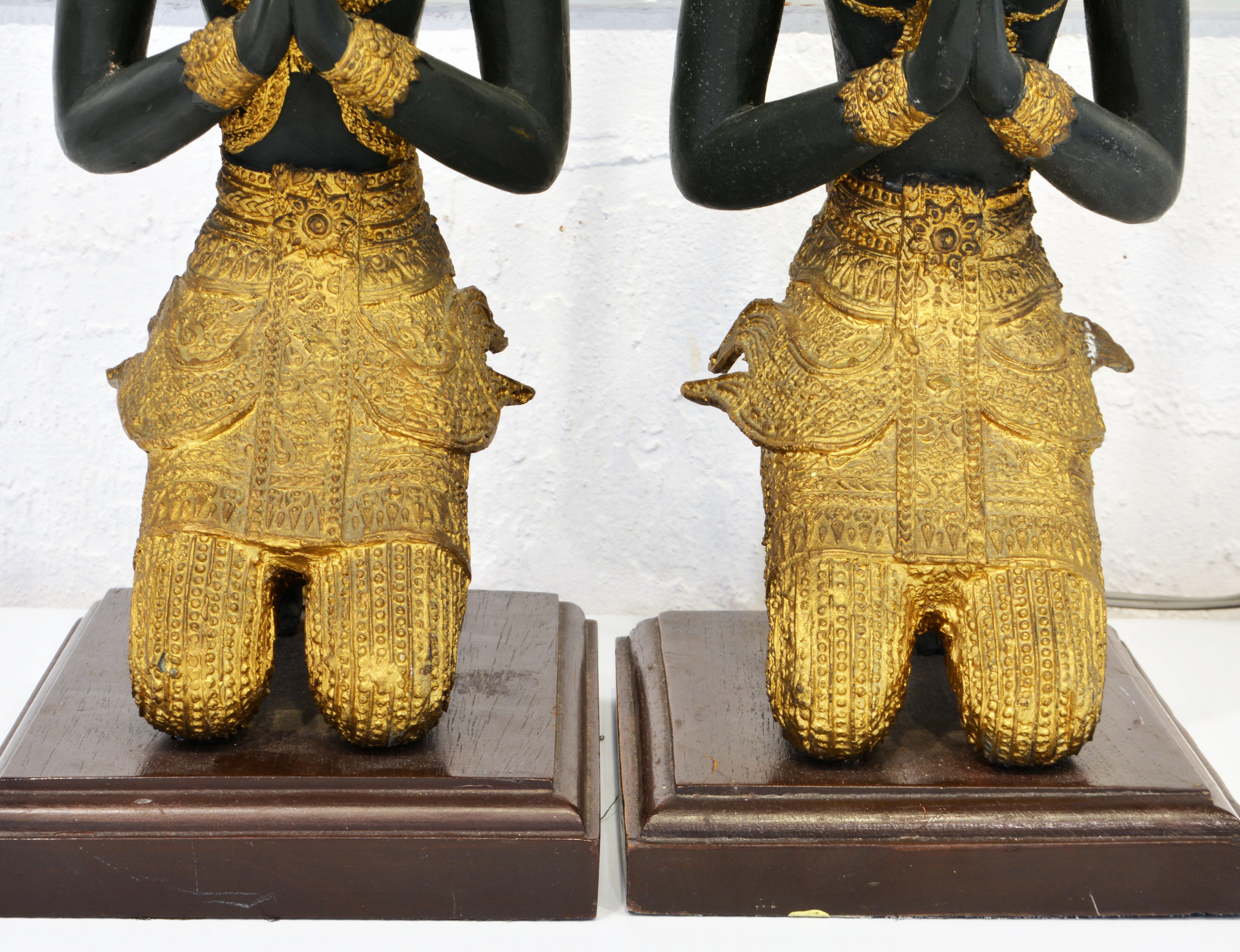 20th Century Pair of Thai Patinated and Gilt Bronze Male and Female Tempel Guards as Lamps