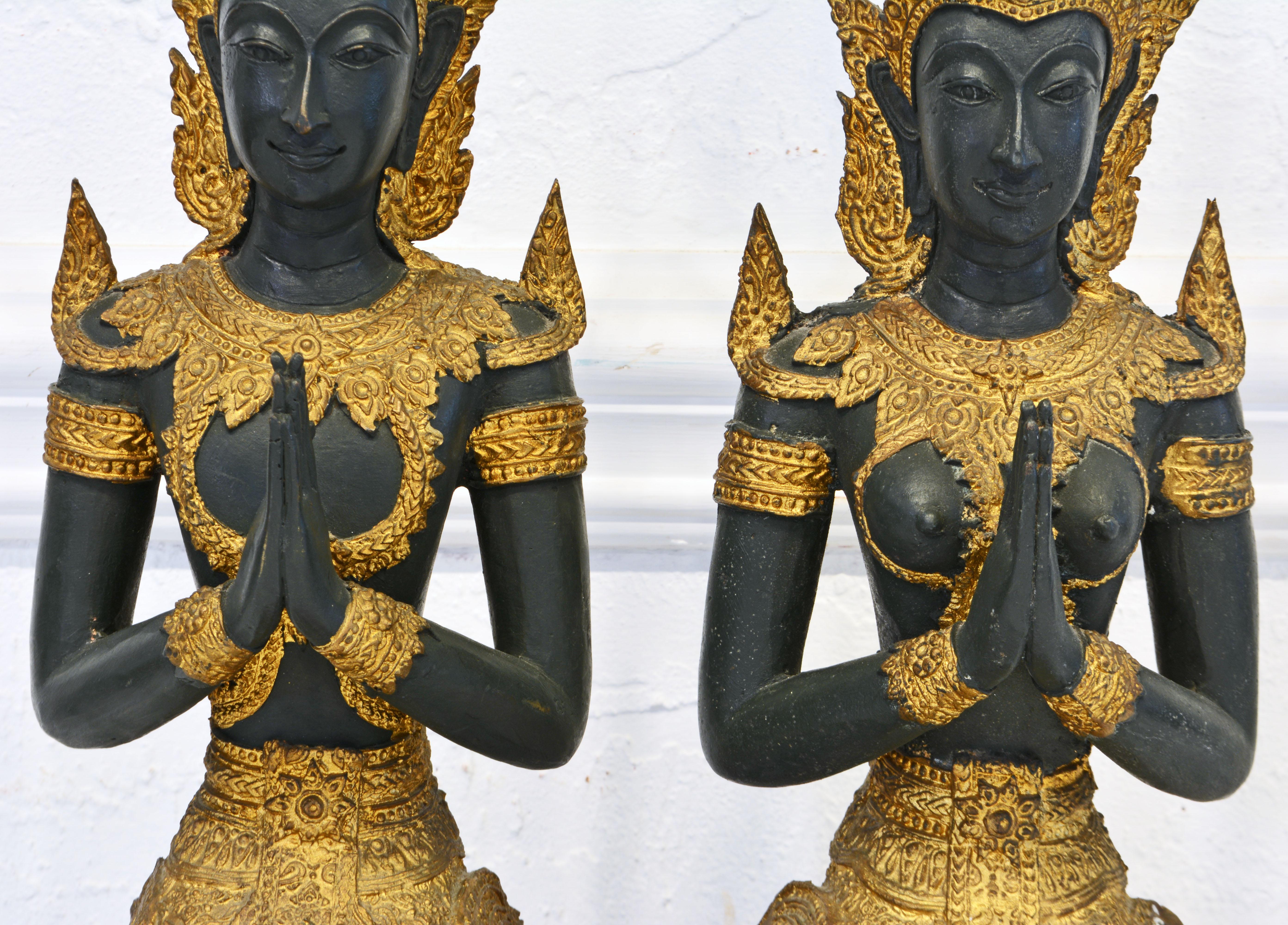 Pair of Thai Patinated and Gilt Bronze Male and Female Tempel Guards as Lamps 1