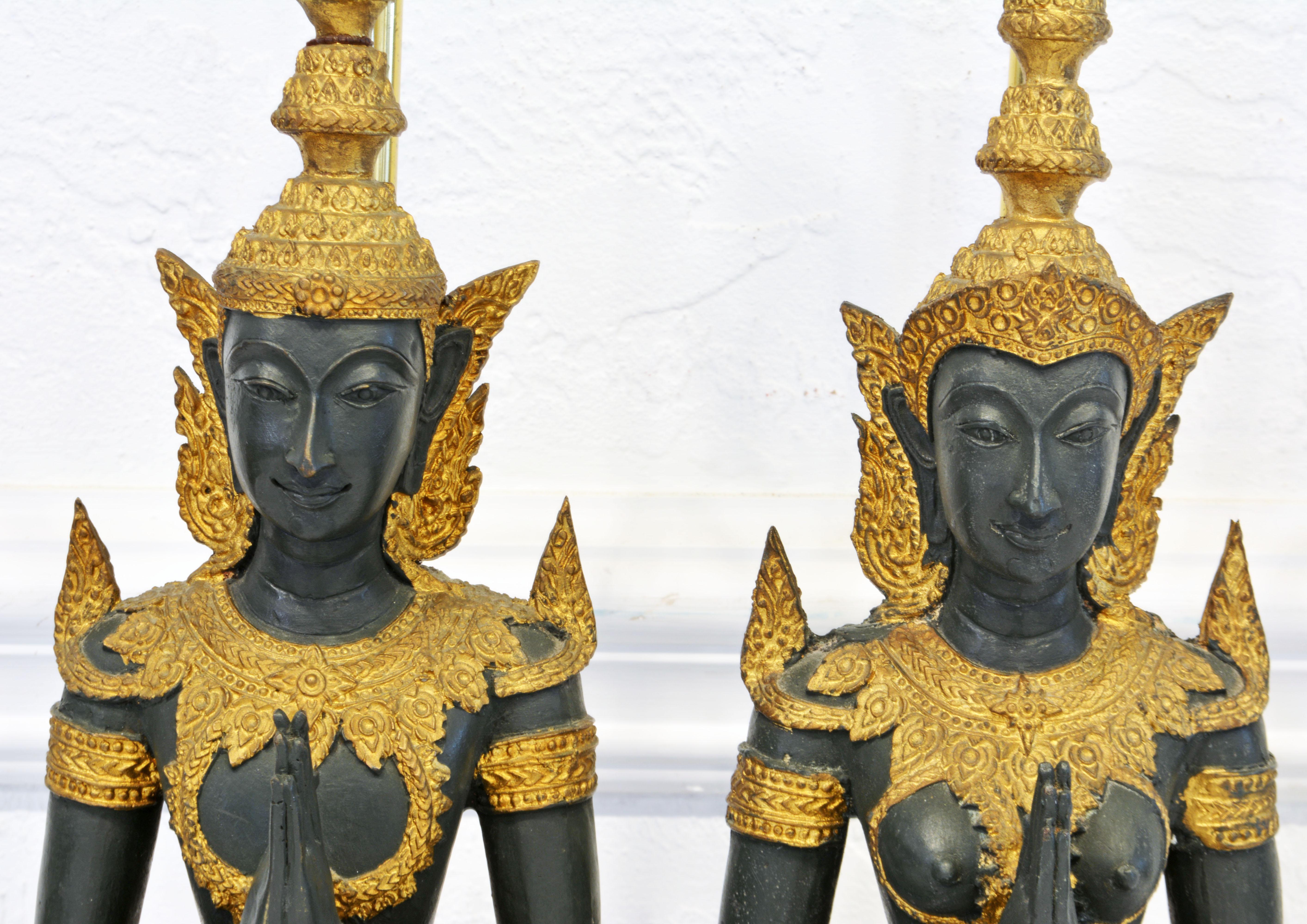 Pair of Thai Patinated and Gilt Bronze Male and Female Tempel Guards as Lamps 2
