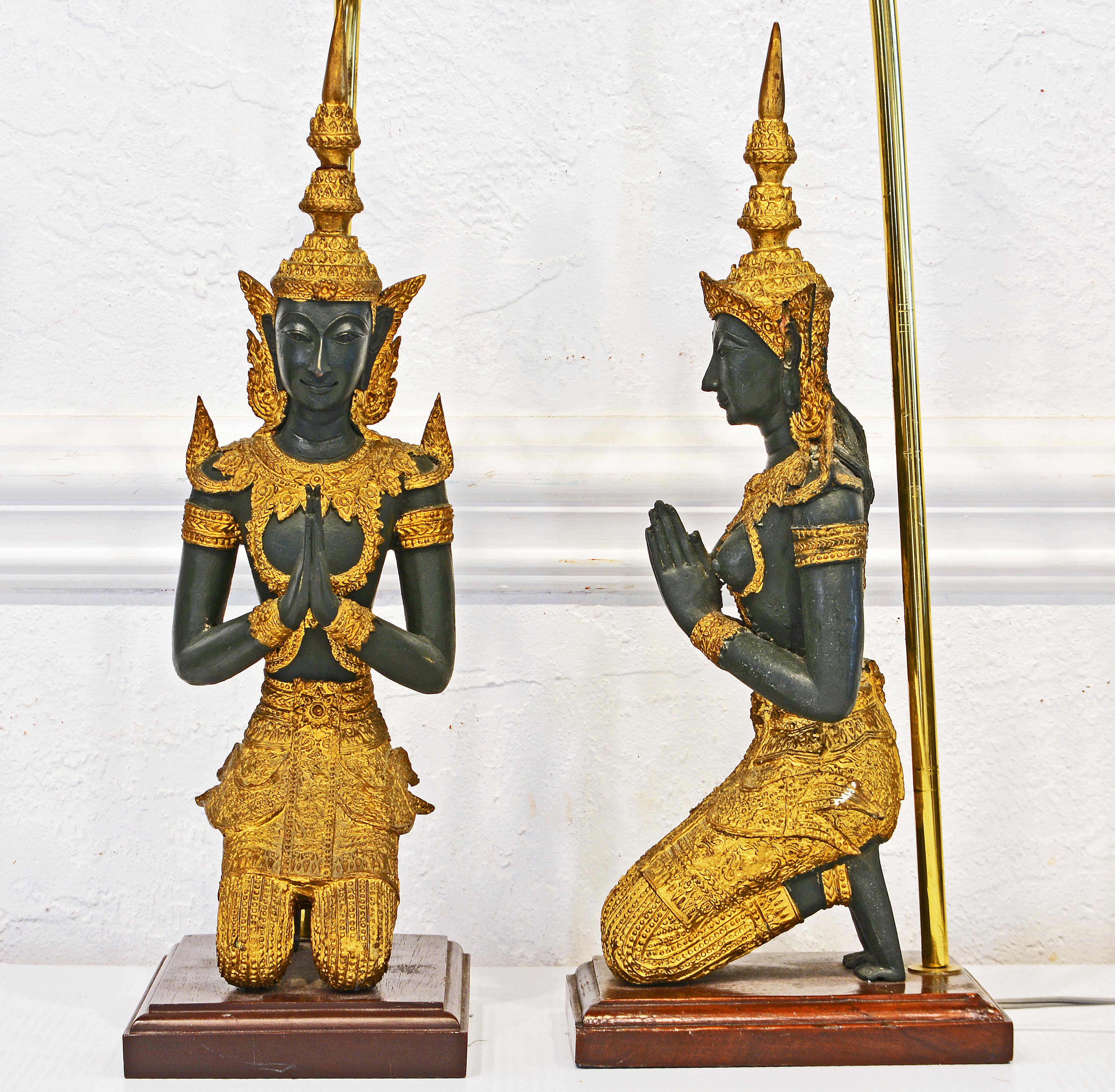 Pair of Thai Patinated and Gilt Bronze Male and Female Tempel Guards as Lamps 3