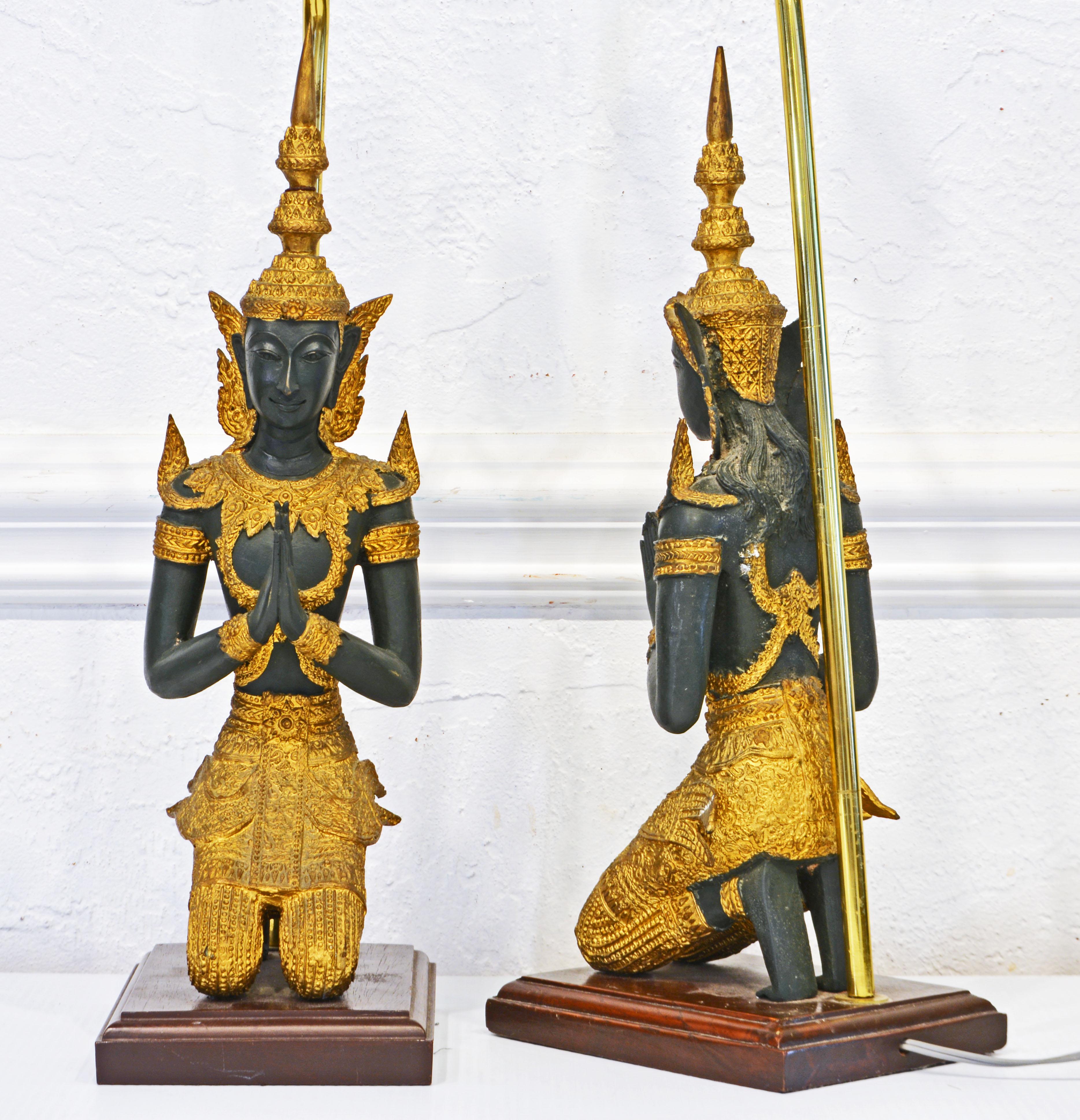Pair of Thai Patinated and Gilt Bronze Male and Female Tempel Guards as Lamps 4