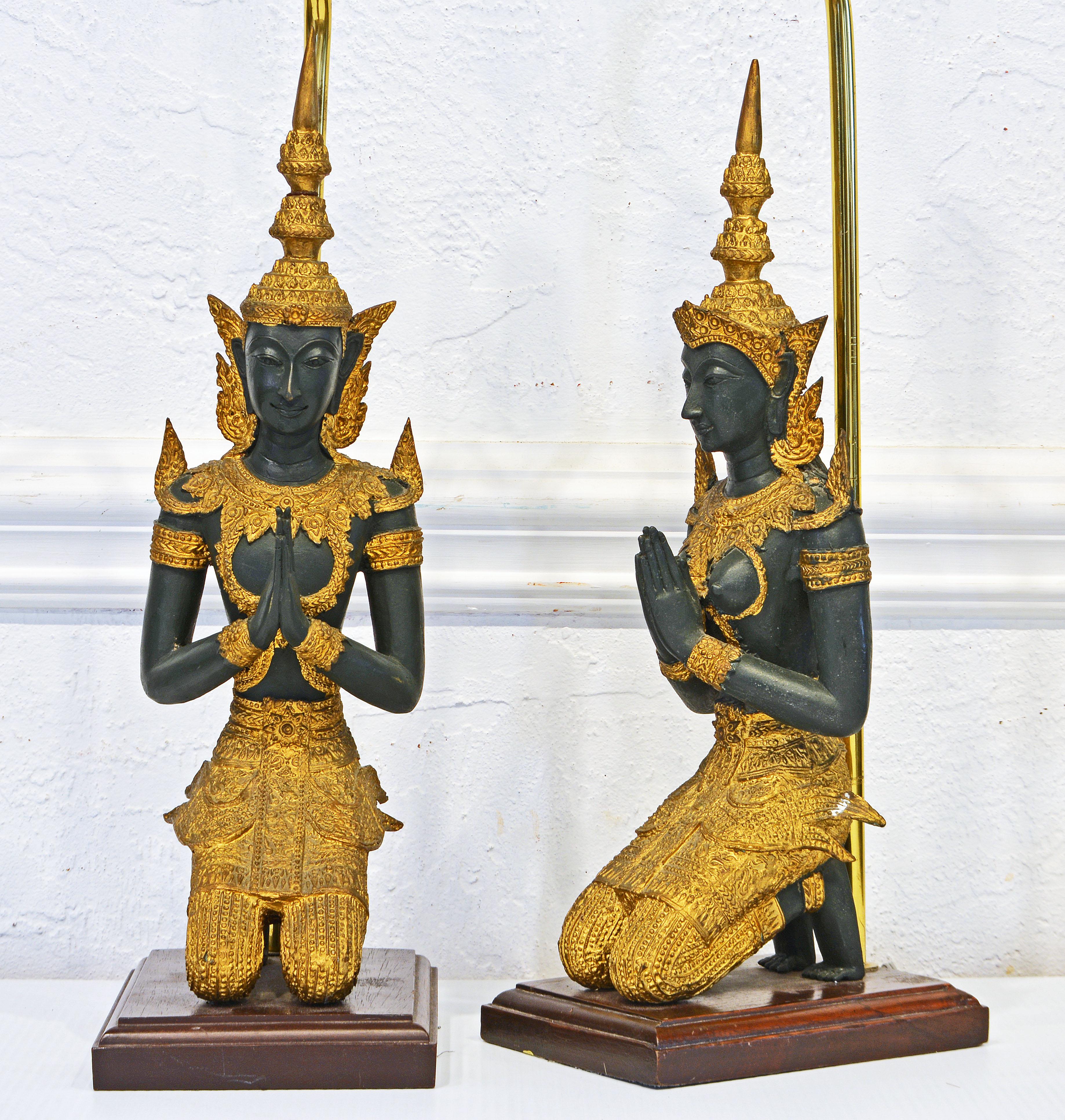 Pair of Thai Patinated and Gilt Bronze Male and Female Tempel Guards as Lamps 5