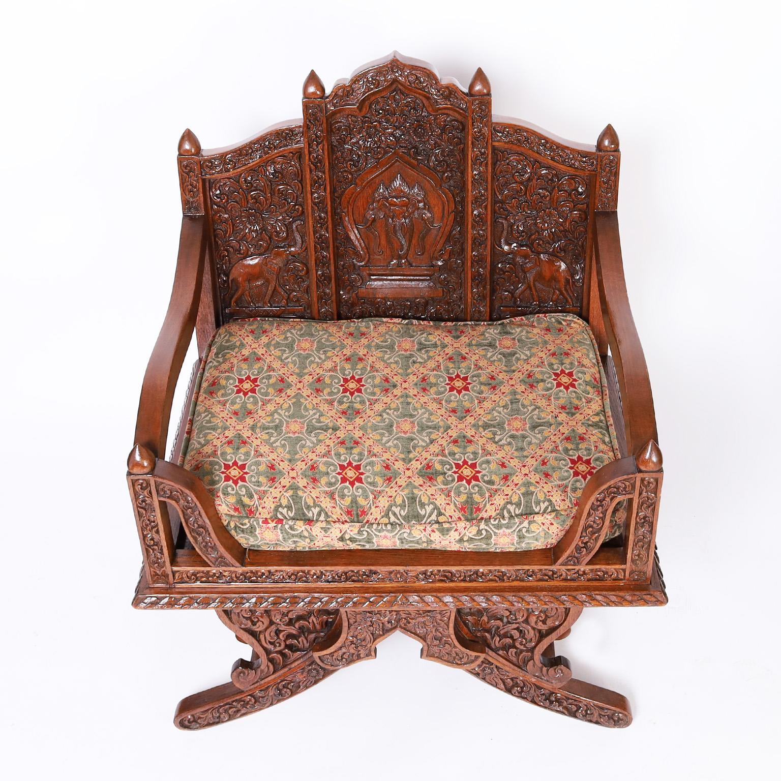 Hand-Carved Pair of Thai Rosewood Elephant Howdah Saddle Style Chairs For Sale