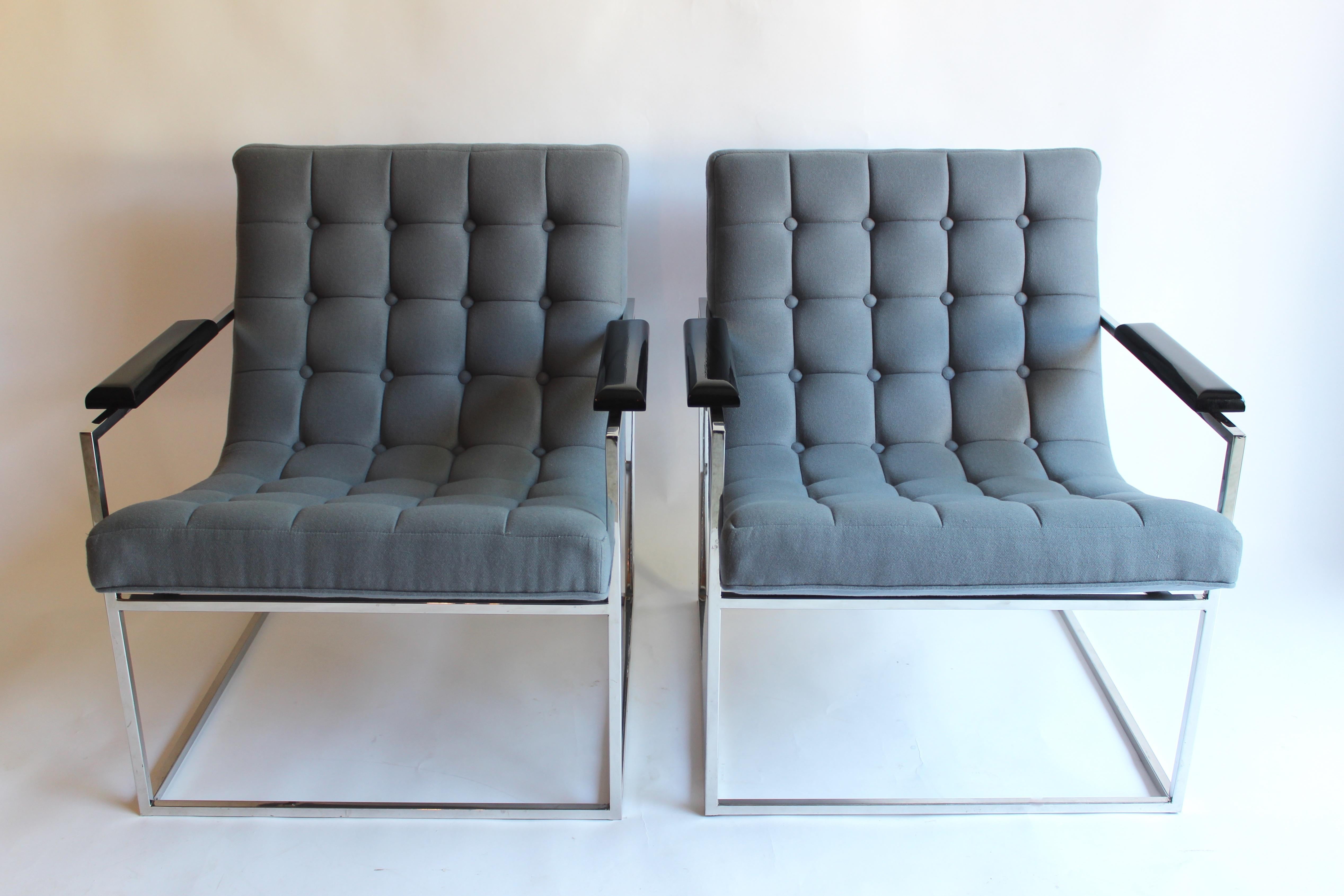 Handsome pair of Thayer Coggin armchairs newly upholstered in gray cashmere/wool with chromed frames.
