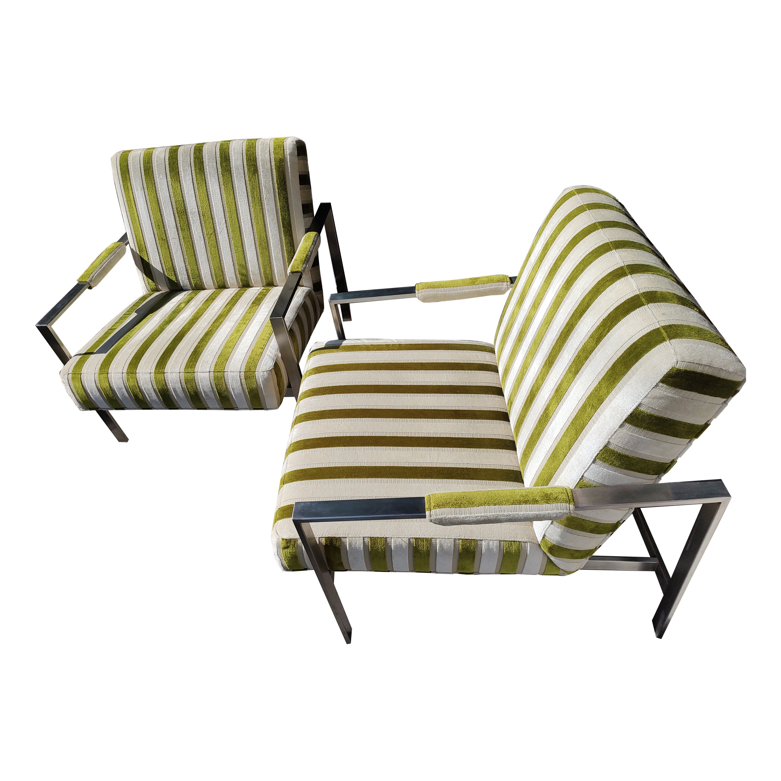 Pair of Thayer Coggin Lounge Chairs Stainless Steel Attributed to Milo Baughman For Sale 1