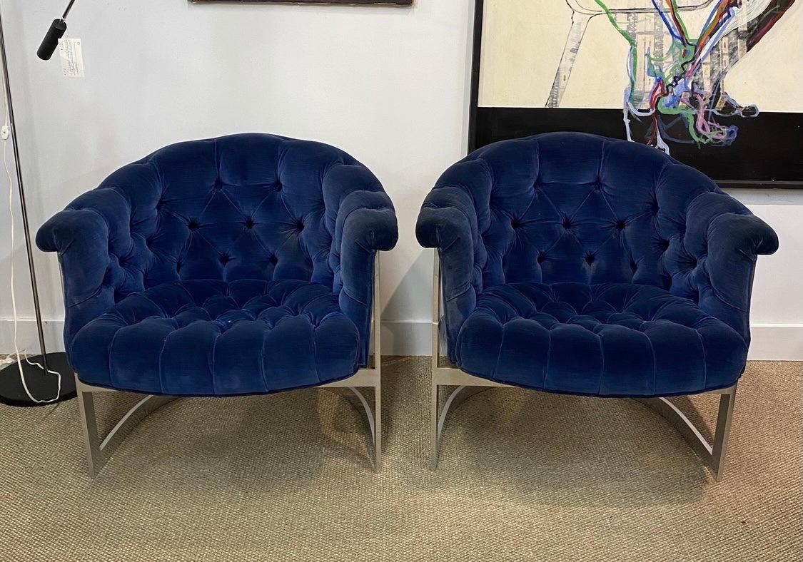 Elegant pair of Thayer Coggin tufted cantilever club chairs. The fabric is original and has some
flaws so the set will need to be reupholstered. All dimensions are below and arm height is 25