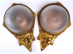 Pair of Theater Sconces, Golden Wood and Baccarat Crystal, Period, Art Deco