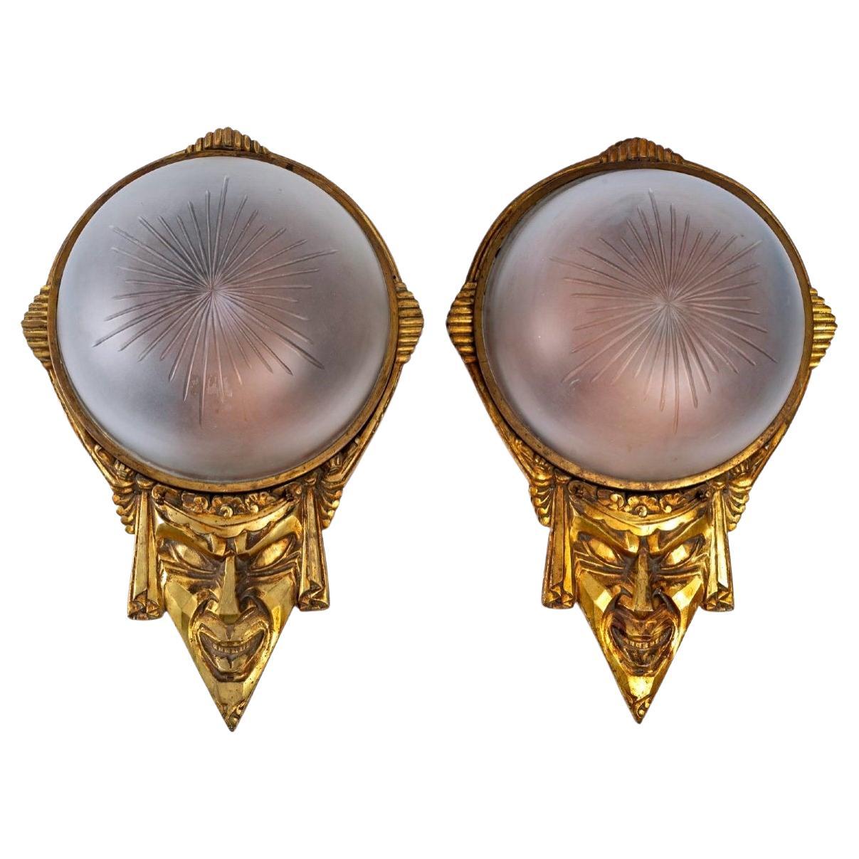Pair of Theater Sconces, Golden Wood and Baccarat Crystal, Period, Art Deco For Sale