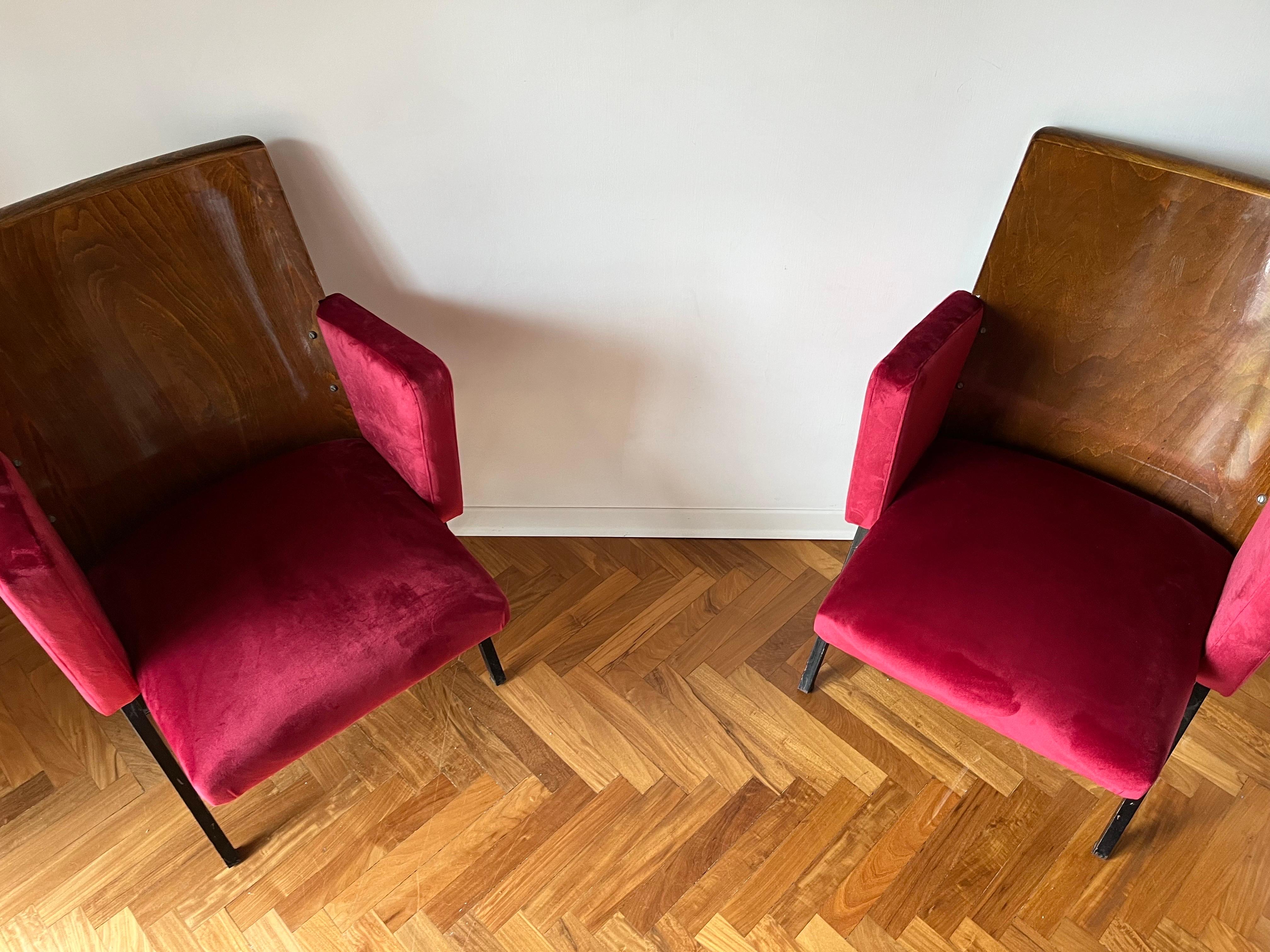 Velvet Pair of Theatre Red Chairs, 1950s For Sale