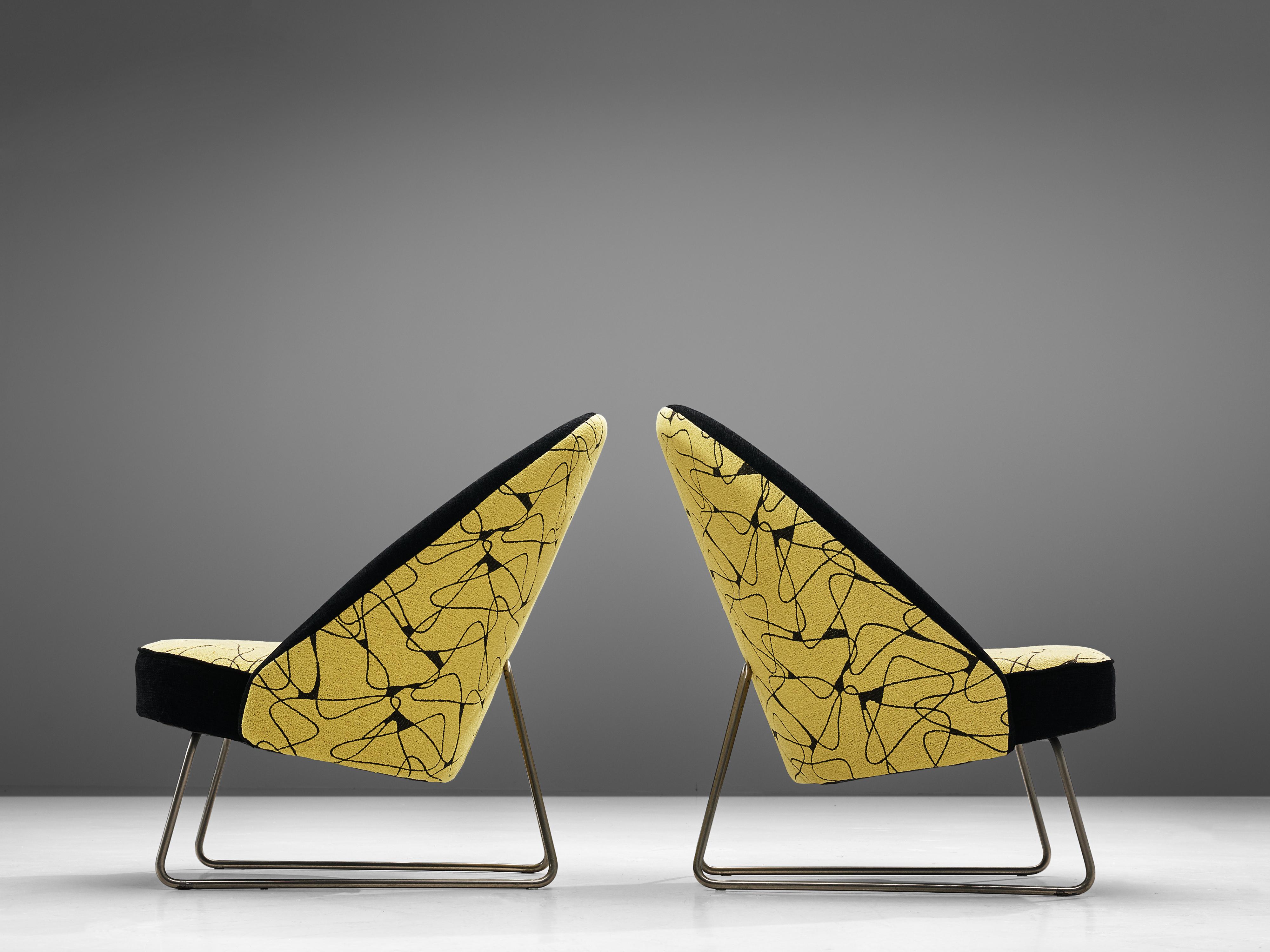 Metal Pair of Theo Ruth Lounge Chairs in Patterned Fabric