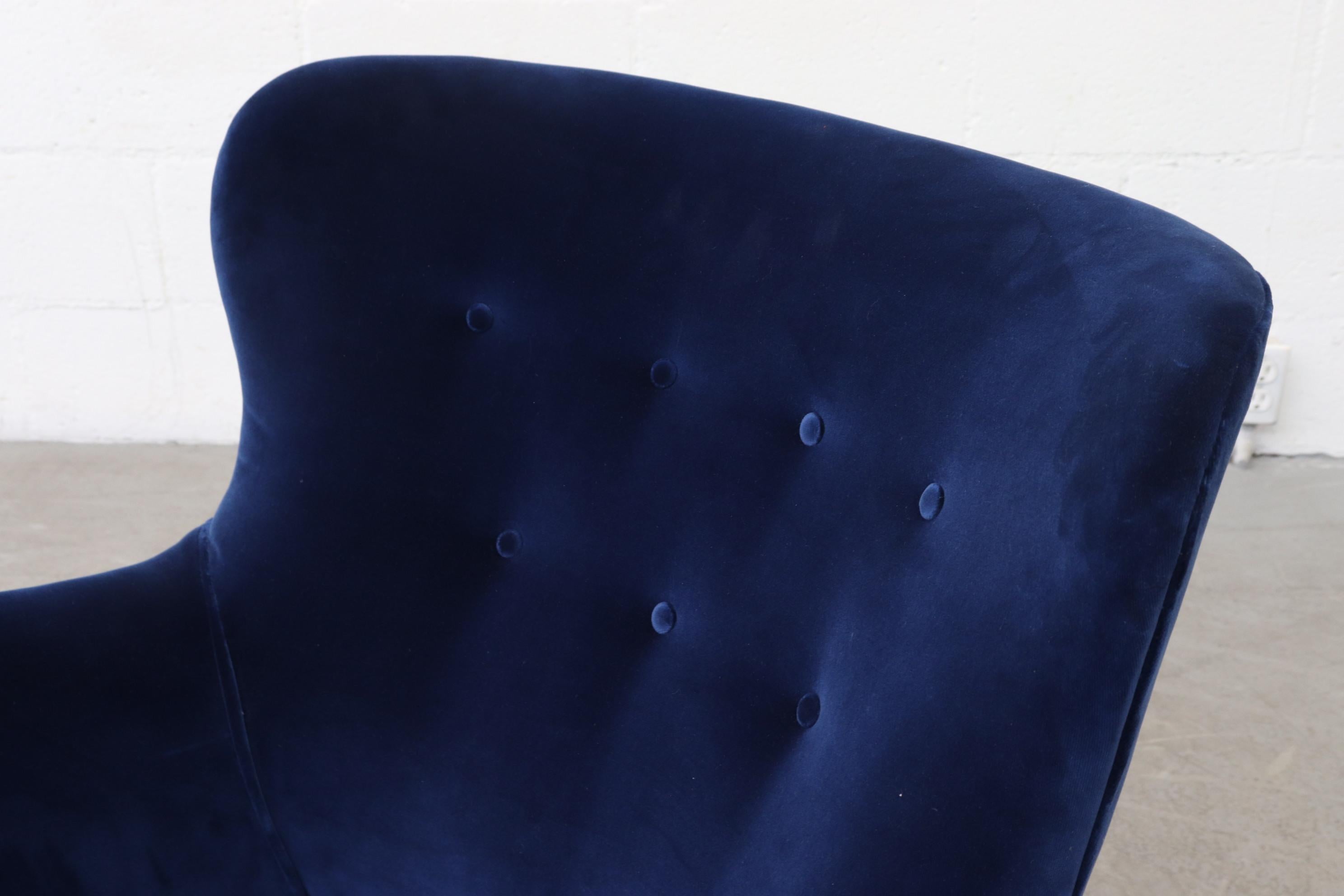 Dutch Pair of Theo Ruth Navy Blue Velvet Lounge Chairs for Artifort