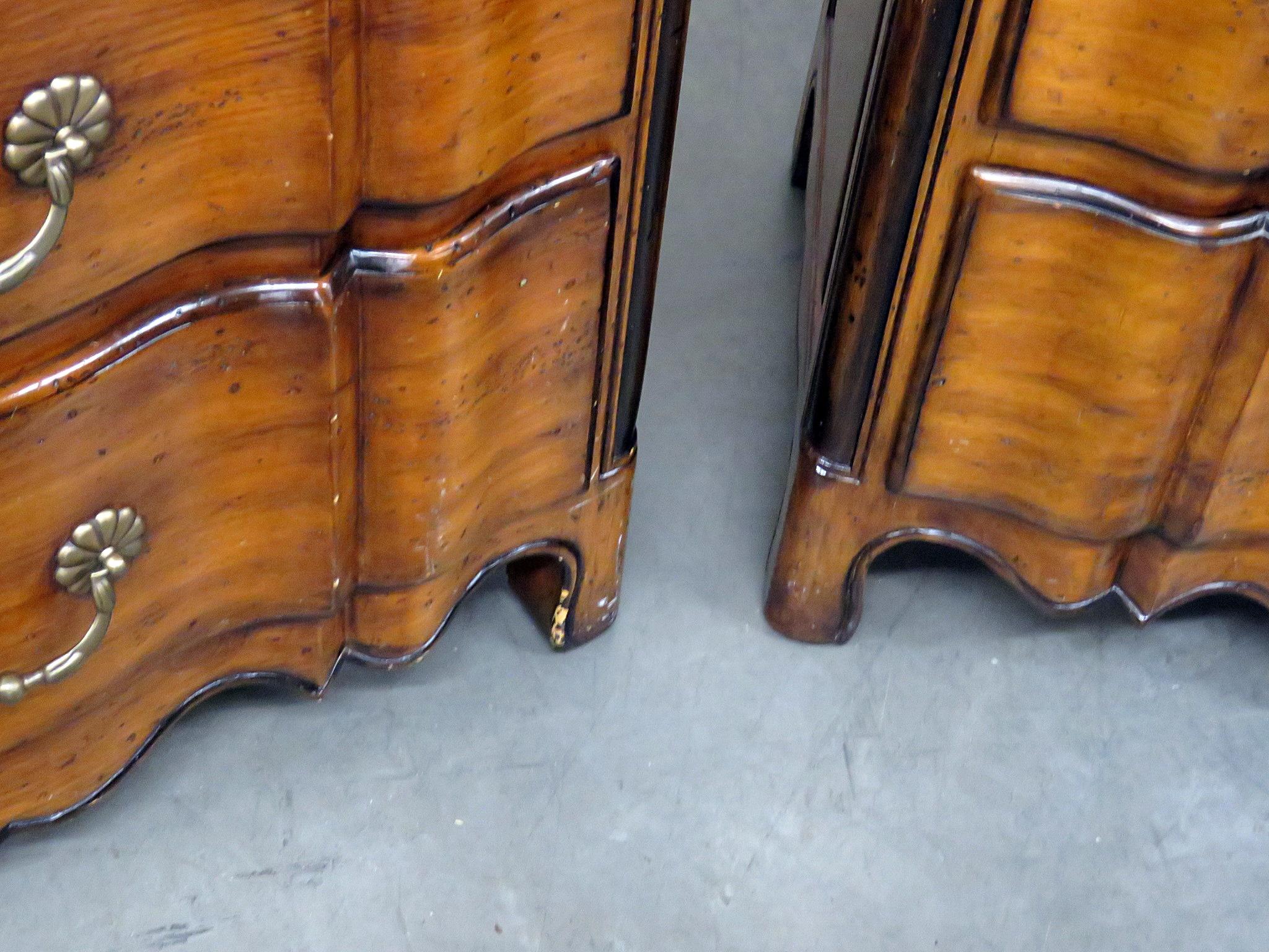 Pair of Theodore Alexander Chateau Du Vallois 3 drawer commodes or night stands with a distressed finish.