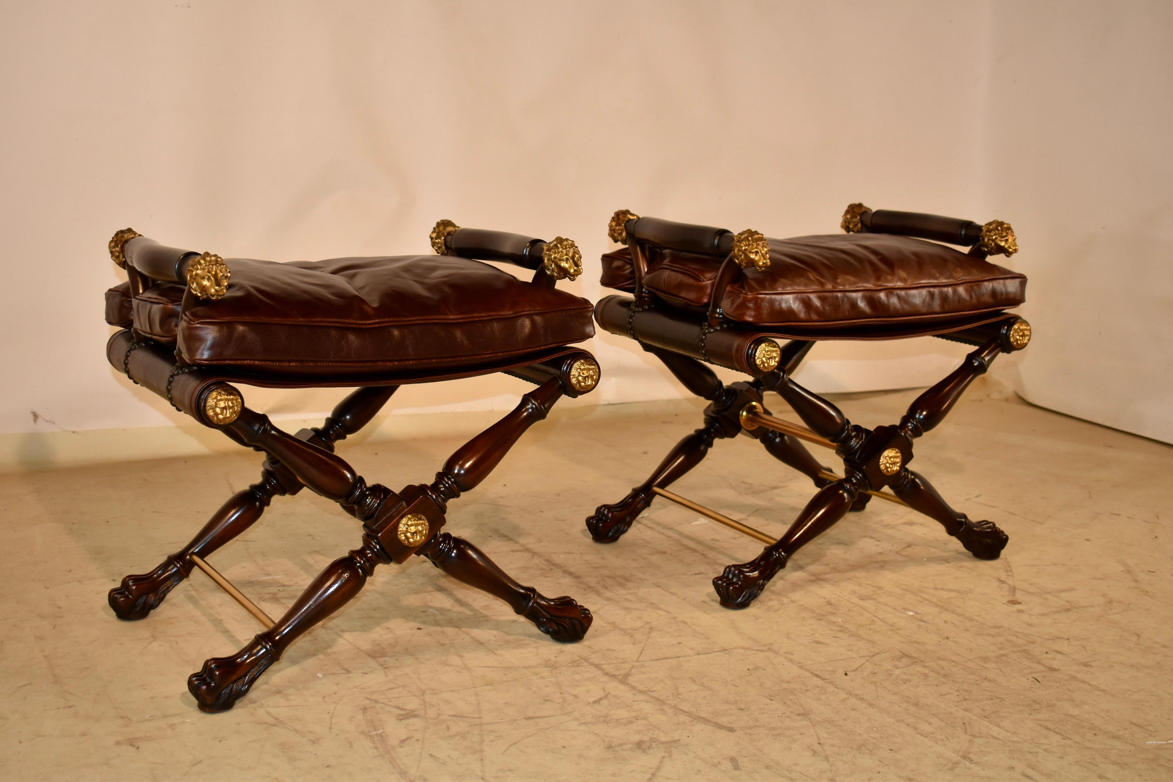 Regency Pair of Theodore Alexander Director's Stools in Leather For Sale