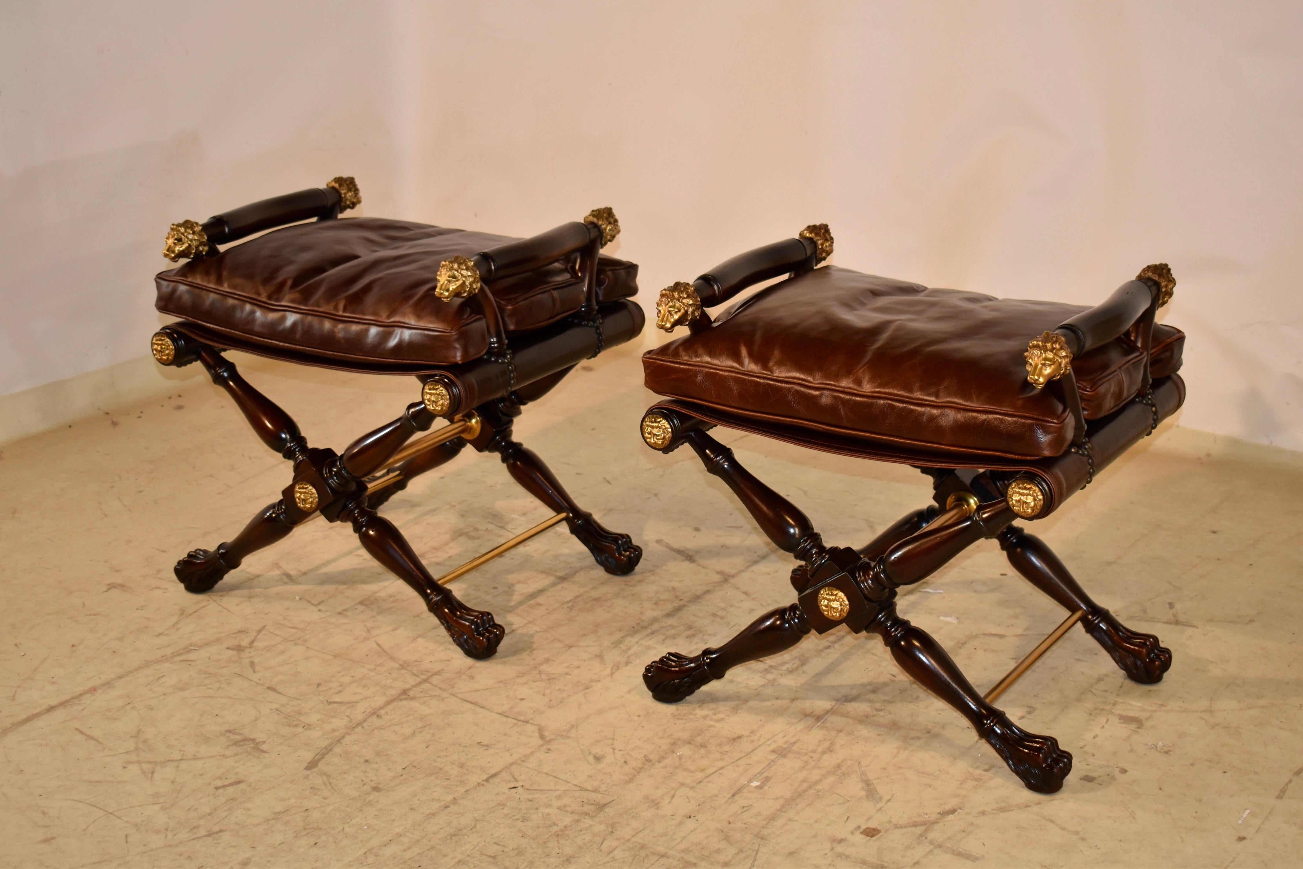 Contemporary Pair of Theodore Alexander Director's Stools in Leather For Sale