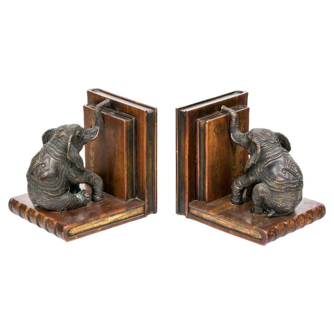 Pair of Theodore Alexander Metal & Wood Elephant Form Bookends