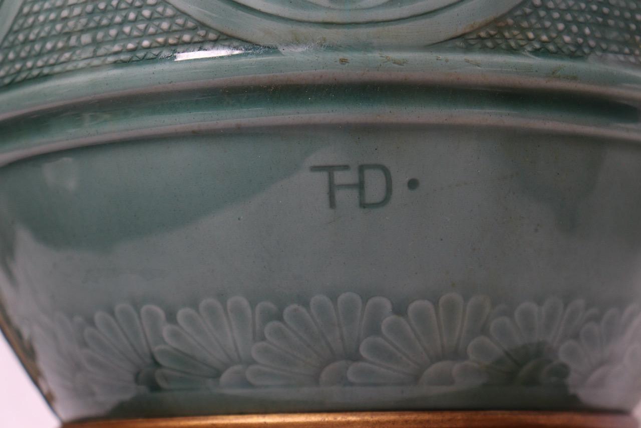 Pair of Théodore Deck Celadon Enamelled Faience Vases Ormolu-Mounted in Lamps 4