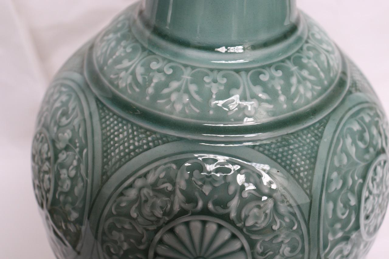 Enameled Pair of Théodore Deck Celadon Enamelled Faience Vases Ormolu-Mounted in Lamps