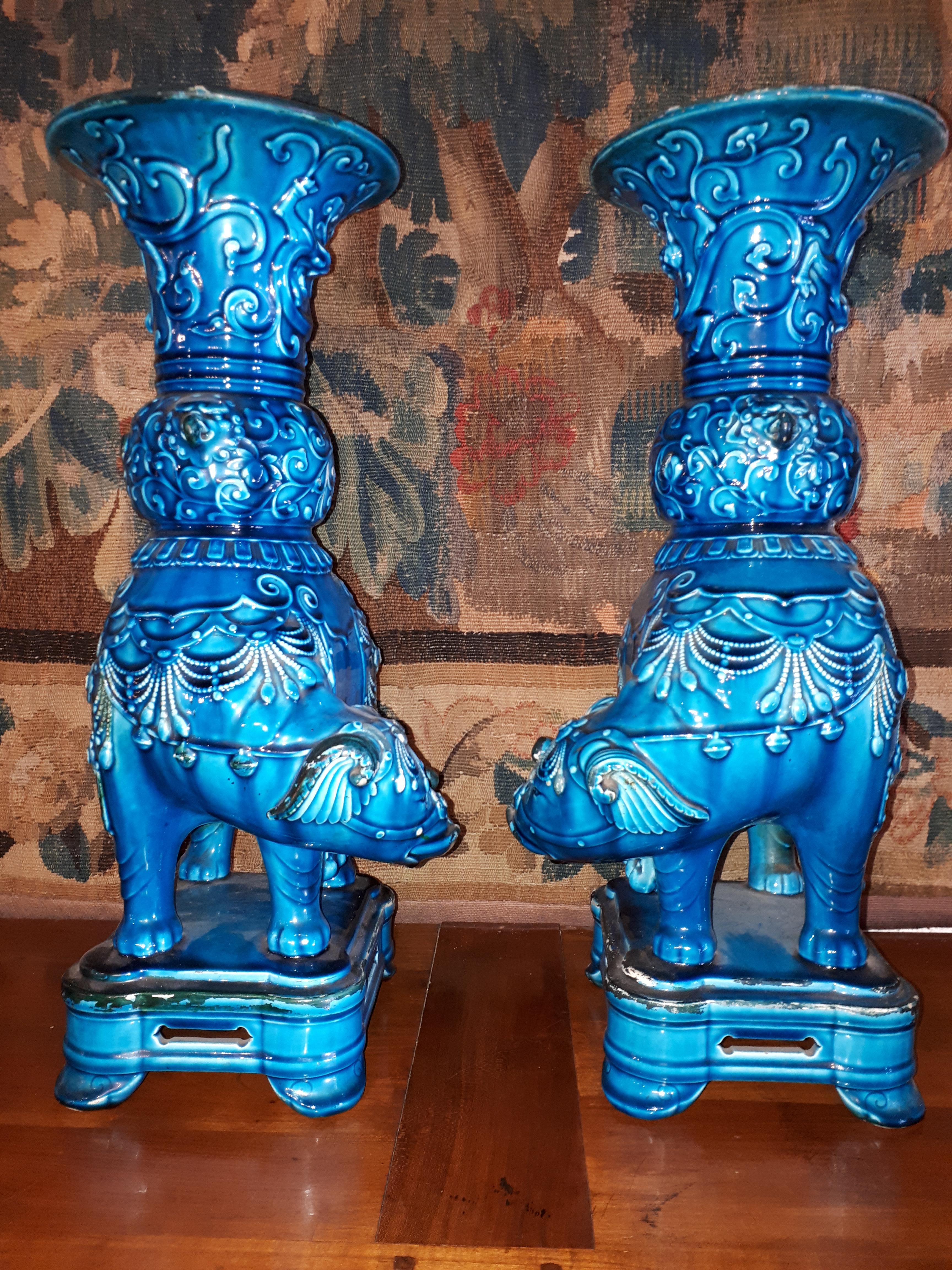 Enameled Pair of Theodore Deck Vases For Sale
