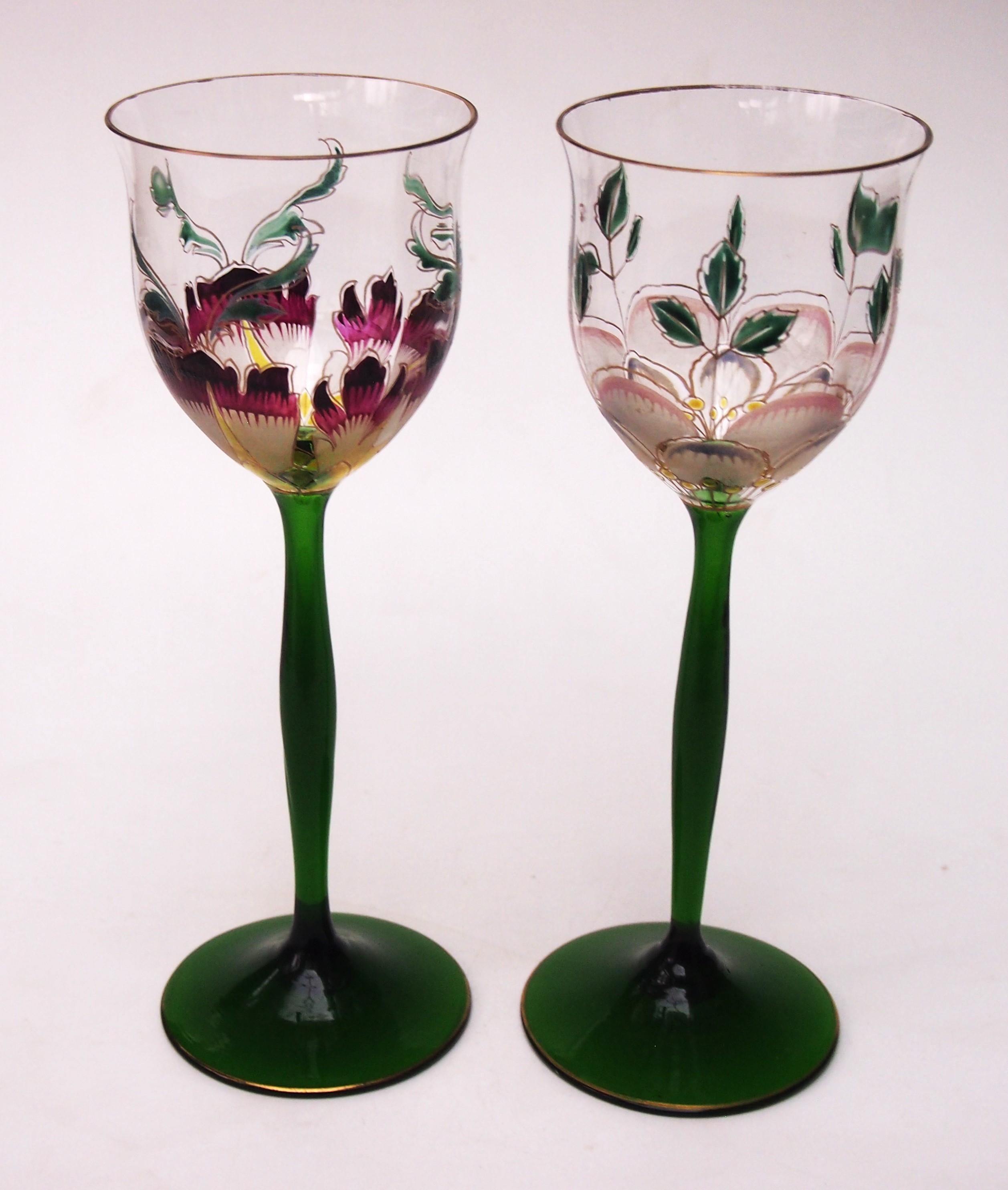 Aesthetic Movement Pair of Theresienthal Enamel Large Flower glasses c1903 -German For Sale