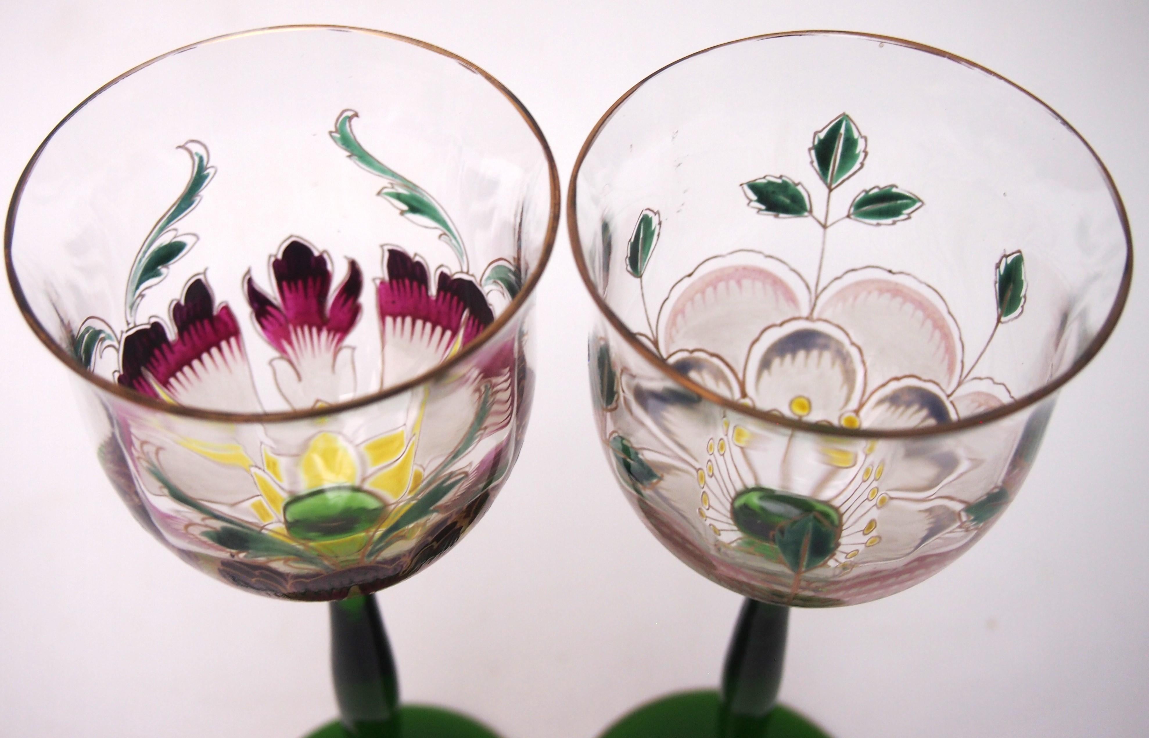 Art Glass Pair of Theresienthal Enamel Large Flower glasses c1903 -German For Sale