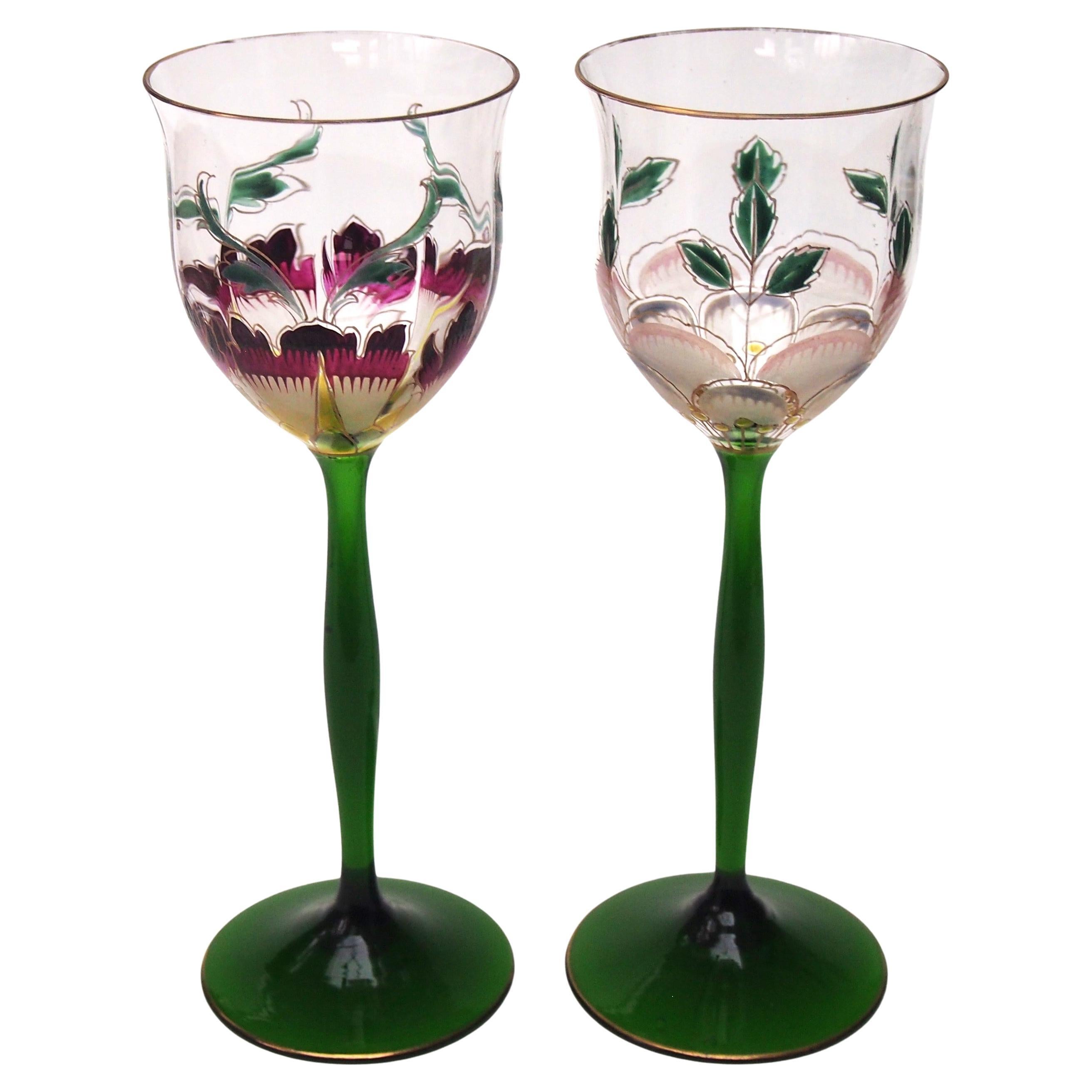 Pair of Theresienthal Enamel Large Flower glasses c1903 -German For Sale