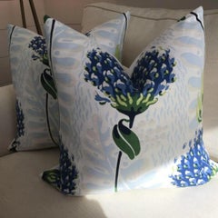 Pair of Thibaut “Tiverton” in Blue and Green, 22” Down Filled Pillows
