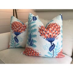 Pair of Thibaut “Tiverton” in Coral & Blue Down Filled Pillows