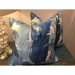 Pair of Thibaut “Travelers Palm” in Blue and White 22” with Down Inserts