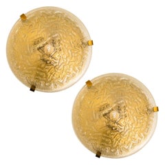 Pair of Thick Blown Glass Flushmounts Wall Lights, 1960