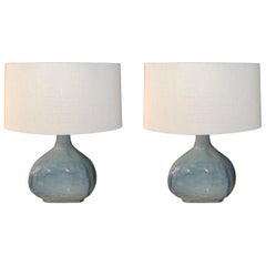 Blue Glass Pair Oval Shaped Table Lamps, China, Contemporary