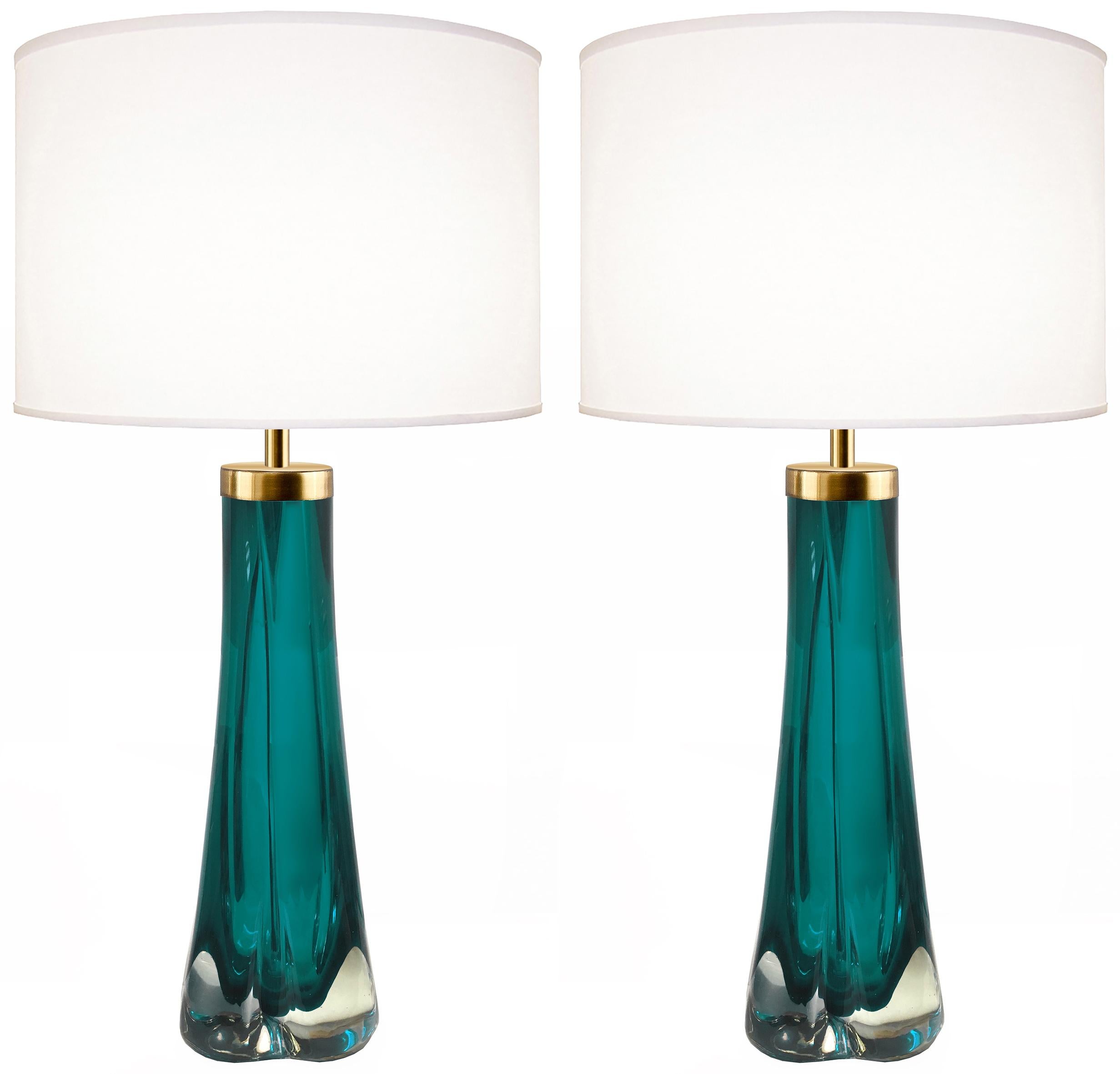 Pair of Thick Cased Aqua Glass Lamps from Craig Van Den Brulle to Order In Excellent Condition For Sale In New York, NY